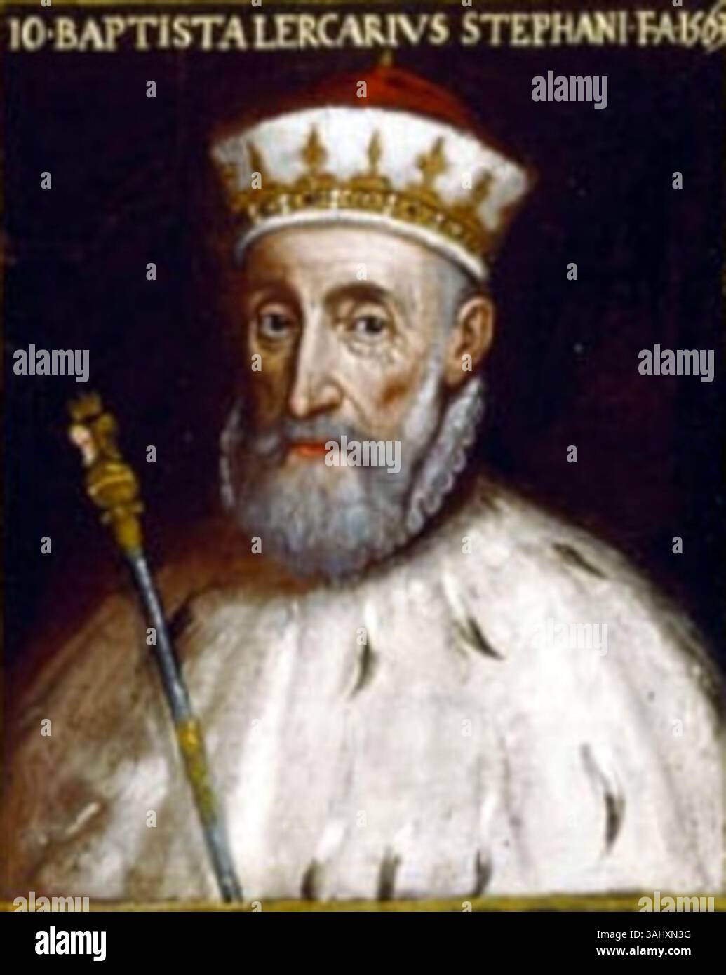 Dieses Ölporträt zeigt Giovanni Battista Lercari (1507–1592), Doge von Genua von 1563 bis 1565, der seine Rolle als Führer im 16. Jahrhundert einnimmt. Stockfoto
