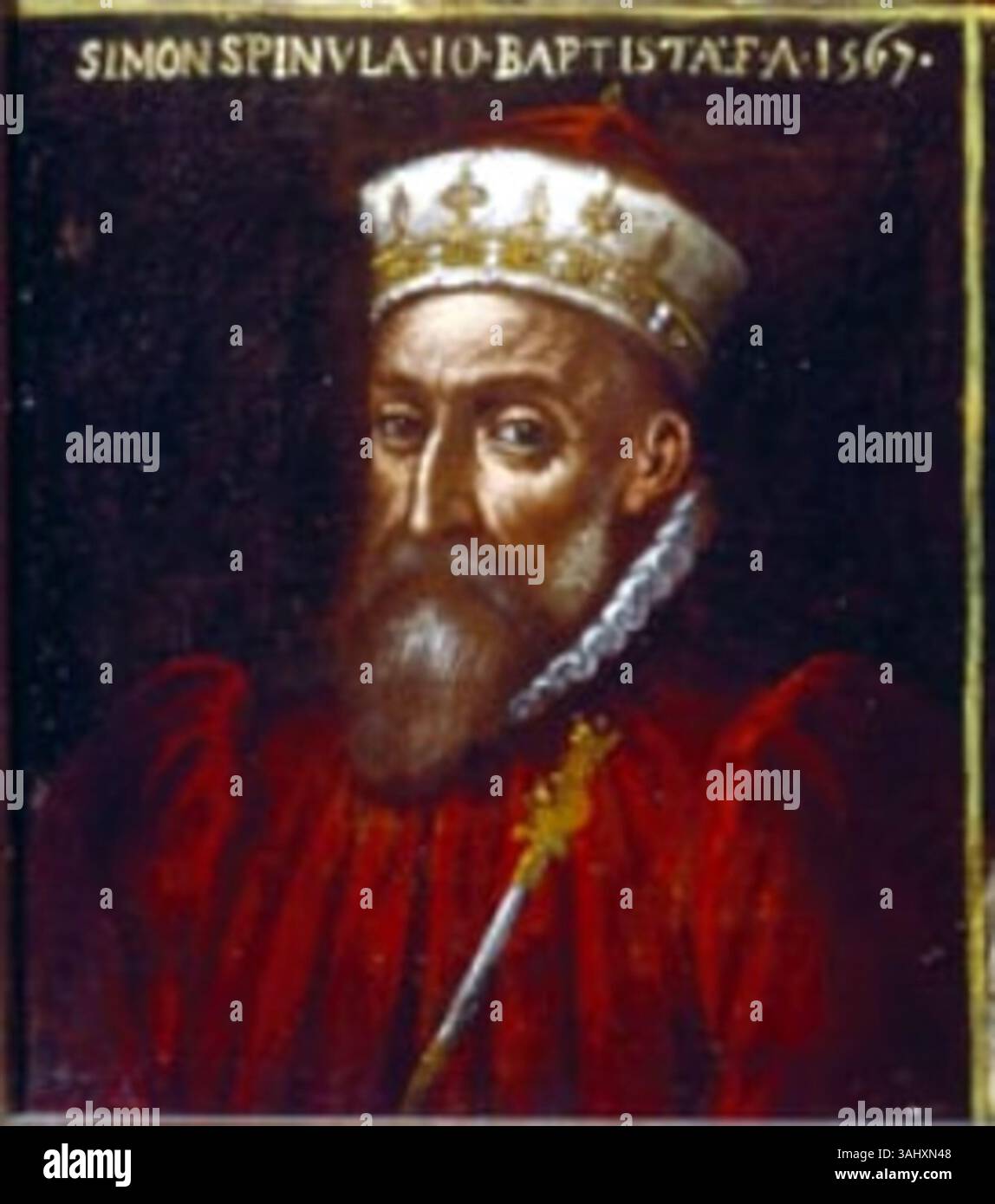 Das Porträt von Simone Spinola, gemalt von der Norditalienischen Schule, zeigt einen Dogen von Genua und zeigt die edle Abstammung der Familie Spinola. Es ist Teil einer Reihe von Dogenporträts in einer Privatsammlung. Stockfoto