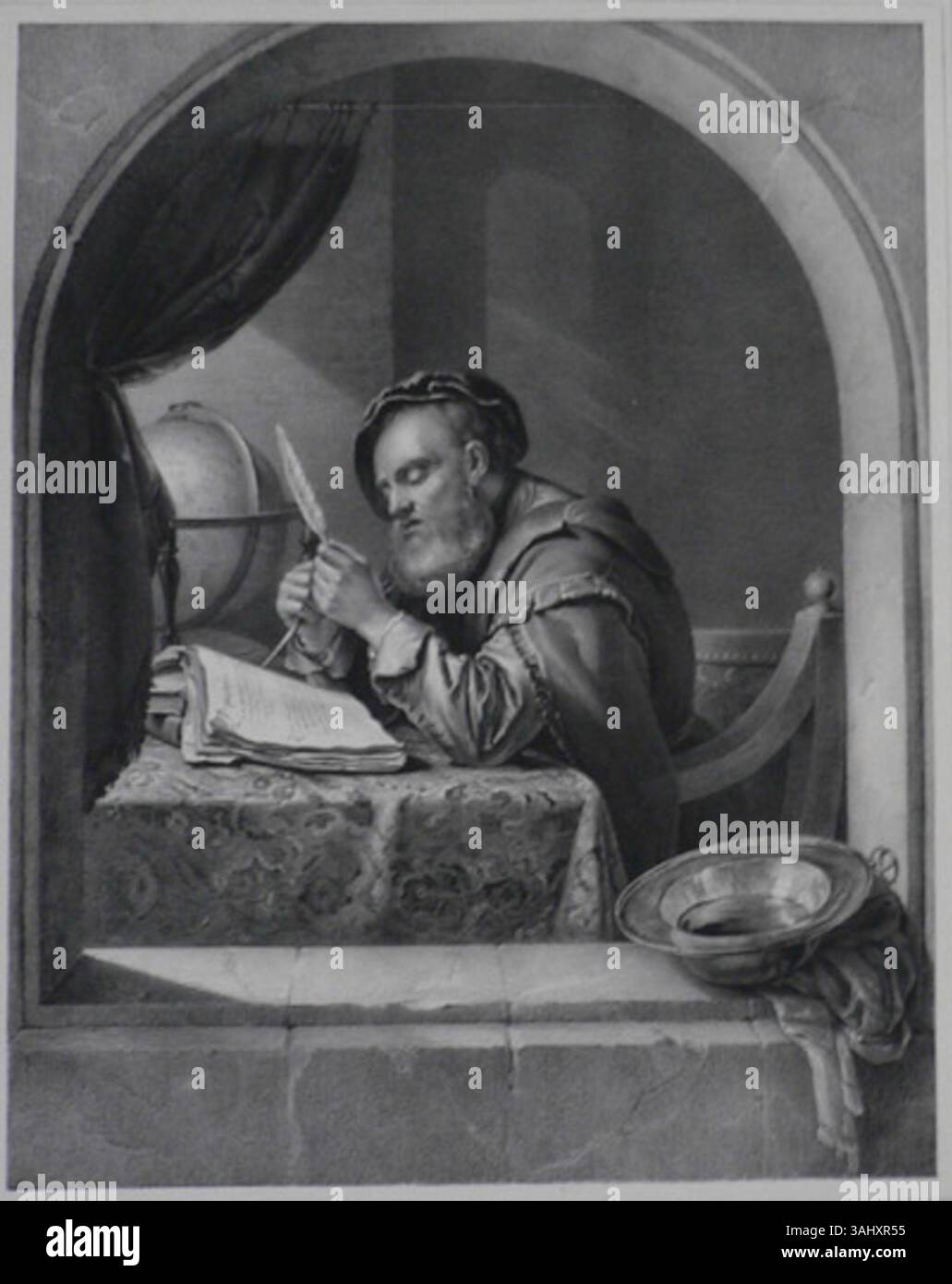 Dieser Druck „der Gelehrte“ von Franz Hanfstaengl (1804–1877) ist eine Reproduktion eines Werkes von Franz van Mieris aus dem 17. Jahrhundert. Es zeigt einen Gelehrten, der in Studien vertieft ist und die intellektuelle Kultur der Zeit und die Kunst des Porträts reflektiert. Stockfoto