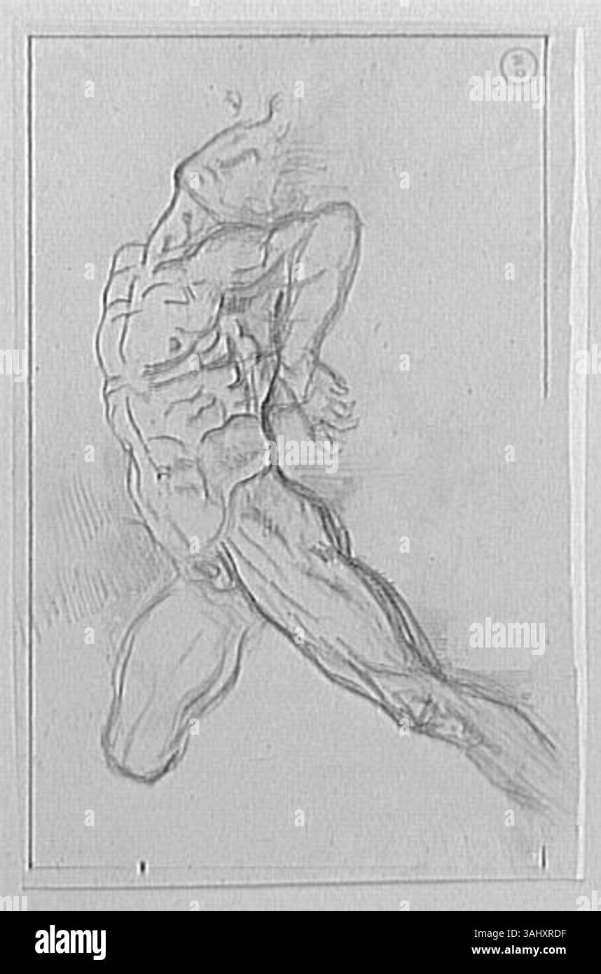 In dieser Studie erforscht Gustave Moreau Prometheus, der von einem Blitz getroffen wurde, und fängt den Moment der göttlichen Bestrafung ein. Die Figur liegt niedergeschlagen und betont die Spannung zwischen menschlichem Leid und göttlicher Vergeltung in einer dramatischen Komposition. Stockfoto