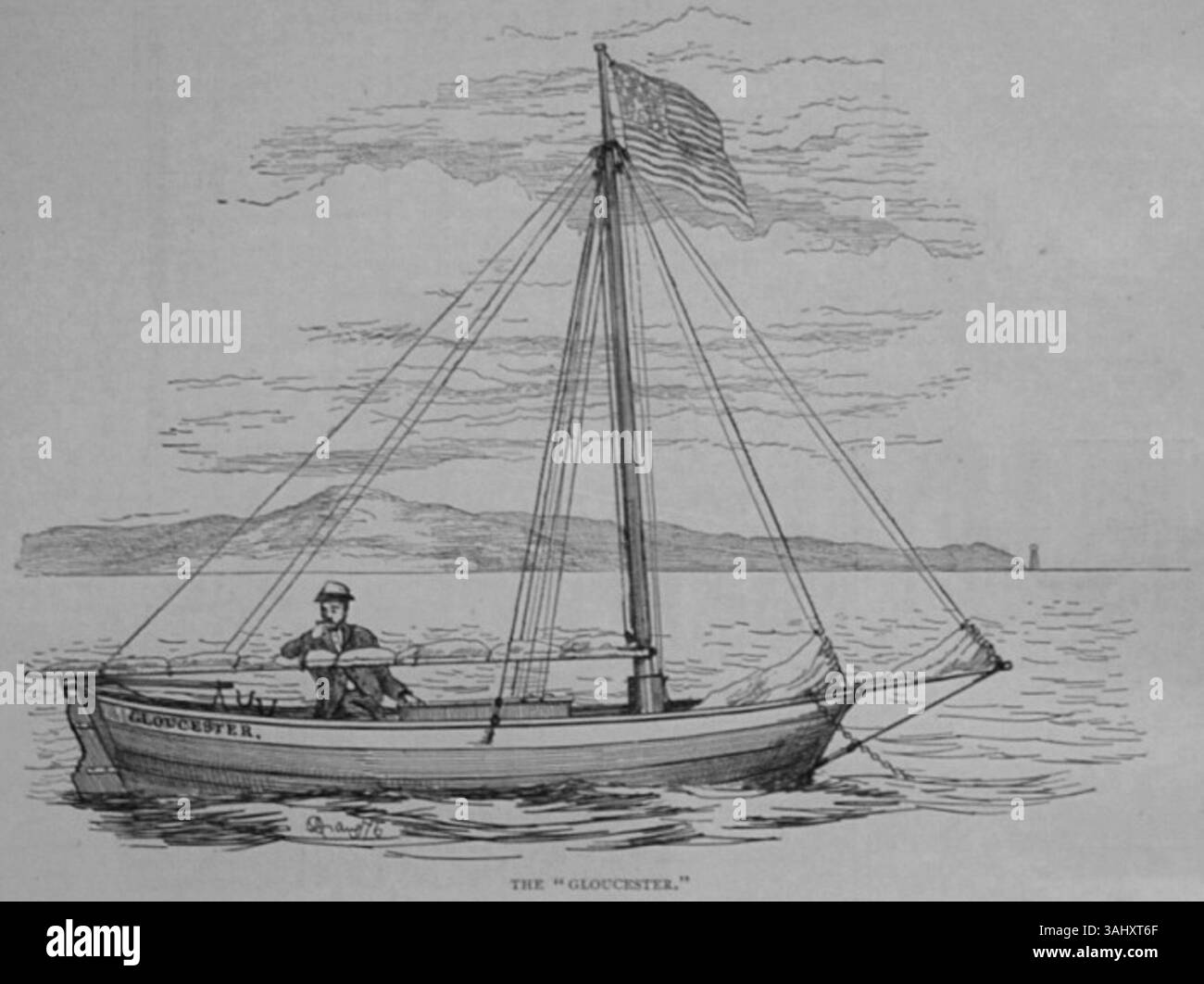 Diese Illustration aus den Illustrated Sporting and Dramatic News (26. August 1876) zeigt Alfred Johnsons Atlantiküberquerung in seinem offenen Boot Gloucester. Es unterstreicht die gewagte Natur dieser historischen Reise. Stockfoto