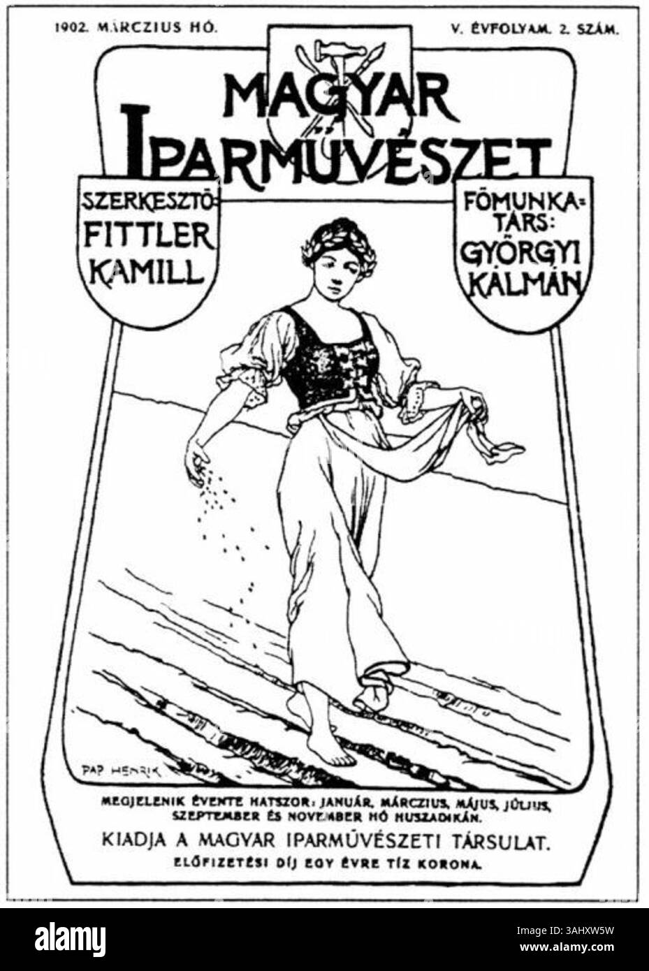 Das Cover von Magyar Iparmvészett, einer Publikation von Henrik Pap aus dem Jahr 1902. Diese ungarische Industriekunst-Publikation ist ein wichtiges Beispiel für grafisches Design des frühen 20. Jahrhunderts, das die Kunst und Kultur Ungarns während dieser Zeit widerspiegelt. Stockfoto