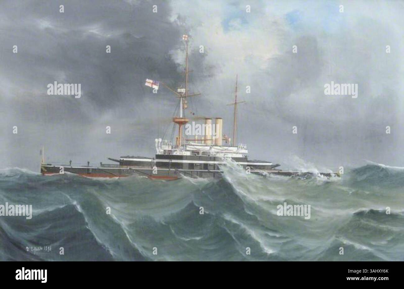 Ein Schiffsporträt von Gaetano Esposito, das 1895 erstellt wurde. Das Kunstwerk zeigt Espositos Fähigkeit, die Essenz der Seeschiffe mit Liebe zum Detail sowohl auf dem Schiff als auch im umgebenden Wasser festzuhalten, was für seinen maritimen Kunststil charakteristisch ist. Stockfoto