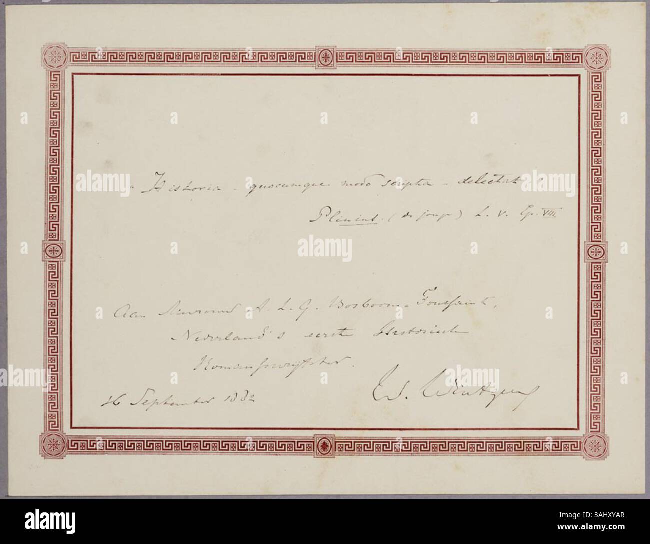 Das Album amicorum, das A.L.G. Bosboom-Toussaint präsentiert wurde, enthält einen Beitrag von W. Wintgens, der im Regionalarchiv Alkmaar gespeichert ist und zur Erhaltung der niederländischen akademischen und künstlerischen Geschichte beiträgt. Stockfoto