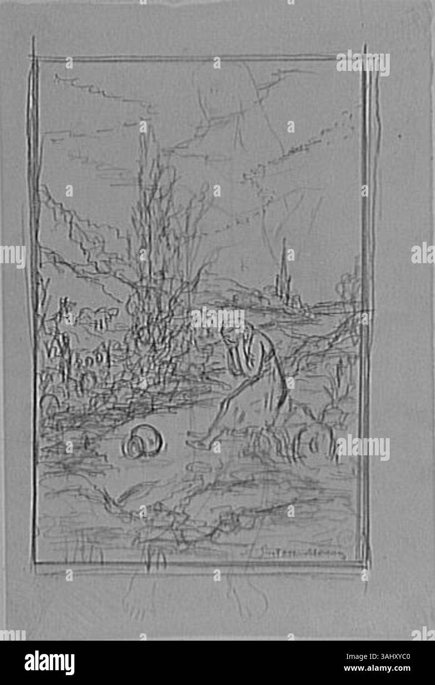 Diese Studie von Gustave Moreau für „La Laitière et le Pot de lait“ untersucht eine Figurenstudie über eine Milchjungfer und einen Milchtopf. Die Skizze spiegelt Moreas Interesse an häuslichen Szenen und menschlichen Figuren wider und fängt einen Moment des Alltags ein. Stockfoto