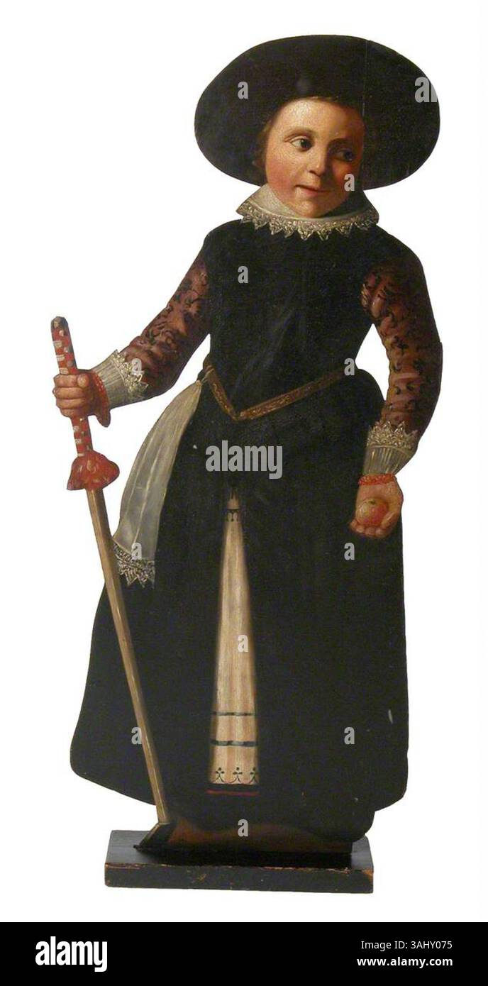 Dieses Gemälde aus der Holländischen Schule aus dem 17. Jahrhundert zeigt einen stehenden Jungen mit einem Hobbypferdestock, bekannt als Dummy Board. Das zwischen 1650 und 1699 gemalte Werk spiegelt das Genre der niederländischen Kunst wider, die oft Figuren in verspielten Posen in Öl und Holz umfasste. Stockfoto