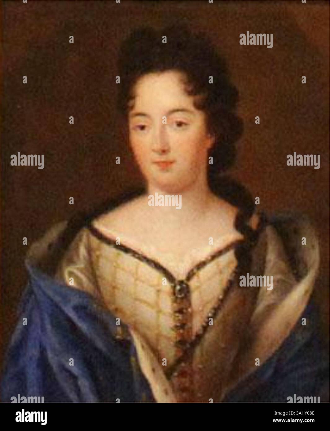 Dieses Porträt aus dem späten 17. Jahrhundert, das der Schule von Pierre Mignard zugeschrieben wird, zeigt Claire-Clémence de Maillé-Brézé, die Ehefrau von Louis Grand Condé. Das Öl auf Leinwand spiegelt die aristokratische Mode und Pracht des französischen Adels wider. Stockfoto