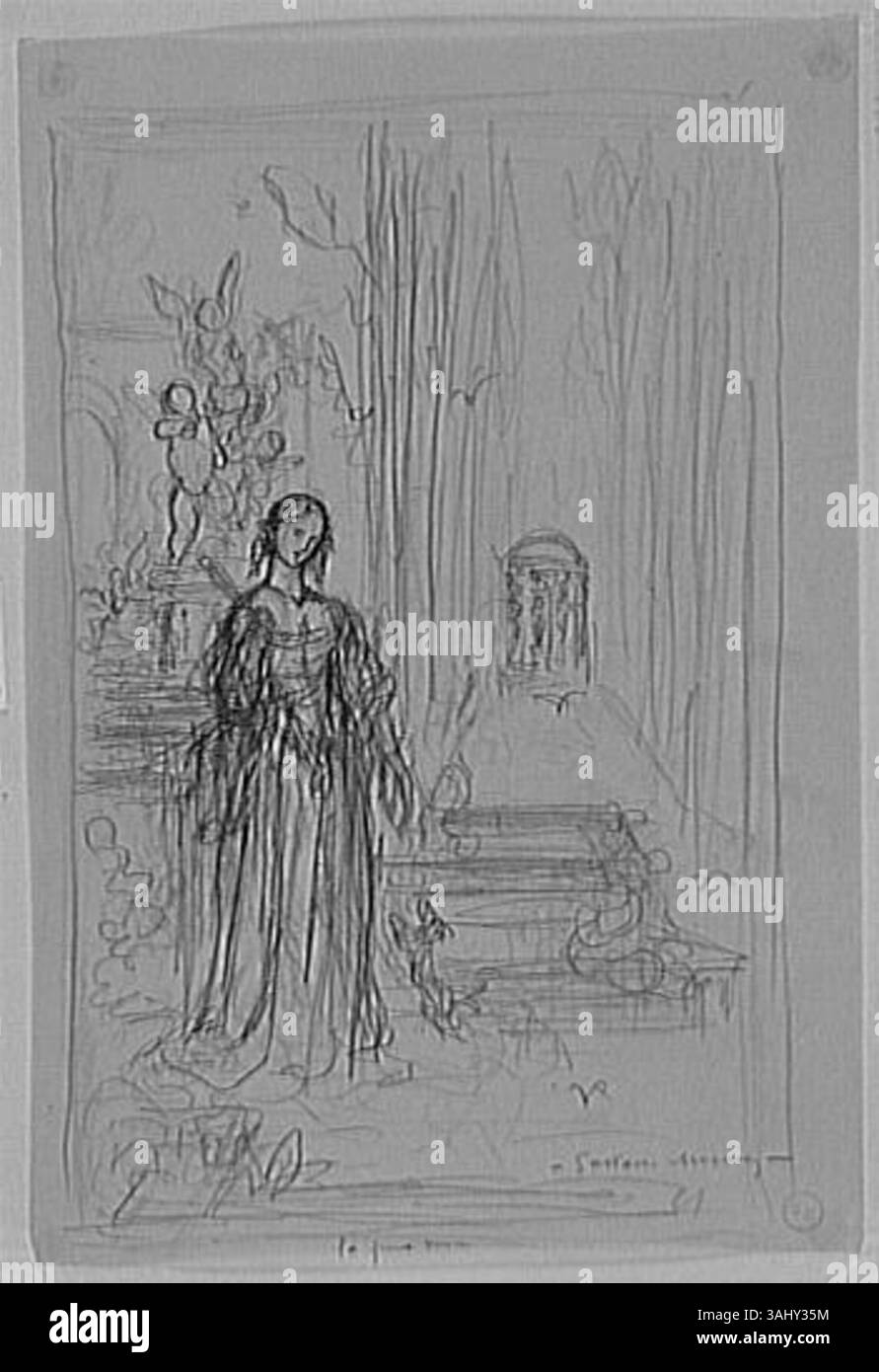 Diese Studie von Gustave Moreau, die zwischen 1850 und 1895 erstellt wurde, beschreibt ein früheres Konzept für La Jeune Veuve. Das Kunstwerk reflektiert Moreas Auseinandersetzung mit Emotionen und der weiblichen Form, ein Markenzeichen seines symbolischen Stils. Die Studie bietet Einblicke in seinen detaillierten Umgang mit Figuren und Posen, wobei er sich auf die Darstellung von Trauer und Verletzlichkeit konzentriert. Stockfoto