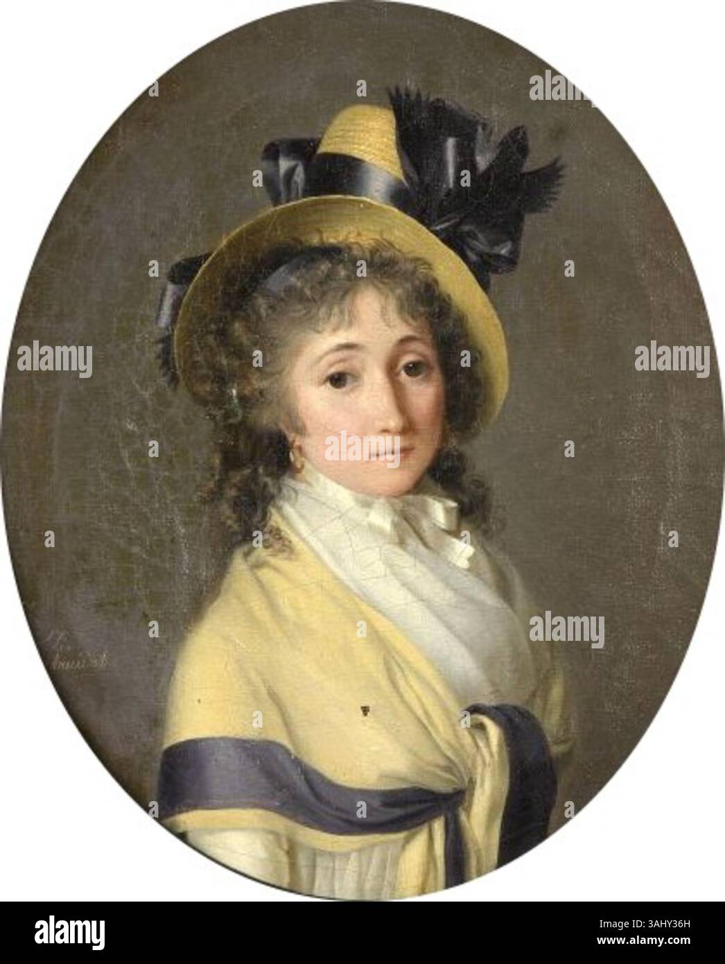 Porträt einer Frau von Jeanne-Elisabeth Chaudet, gemalt nach 1793, zeigt eine Dame in einem weißen Kleid mit hellgelbem Schal und blauem Schleifenhut, die französische Mode des 18. Jahrhunderts repräsentiert. Stockfoto