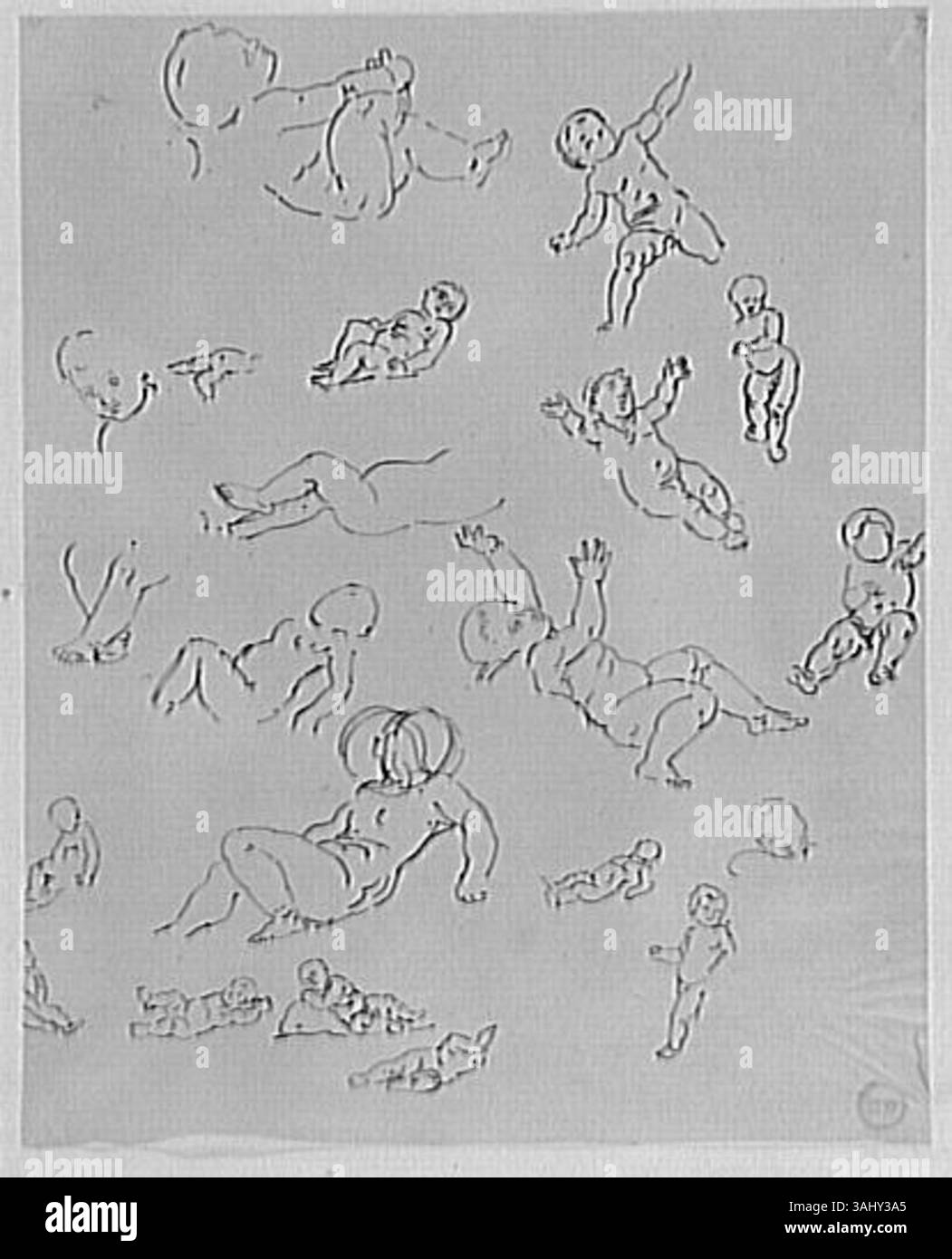 Gustave Moreaus „Feuille d’études de bébés pour Moise Exposé“ (Studienblatt der Babys für exponierte Moses) besteht aus vorbereitenden Studien zur biblischen Darstellung von Moses als Kind. Die Studien erfassen die Unschuld und Verletzlichkeit des Säuglings Moses. Das Werk ist Teil der Sammlung Musée Gustave Moreau. Stockfoto
