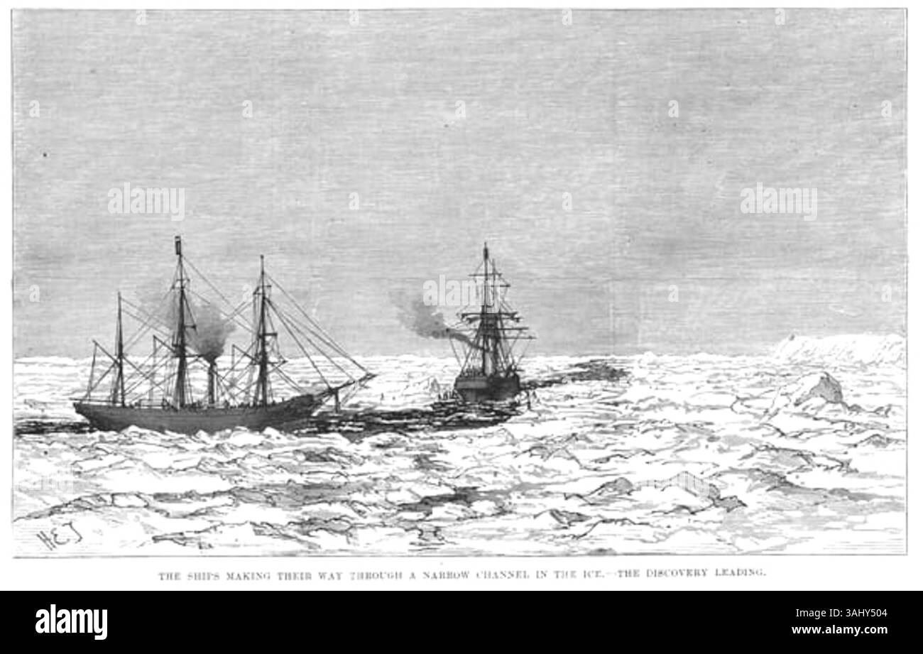 Abbildung der Nordpol-Expedition, die Schiffe zeigt, die einen schmalen Eiskanal mit der Discovery in Führung fahren. Veröffentlicht in den Illustrated London News am 11. November 1876. Stockfoto