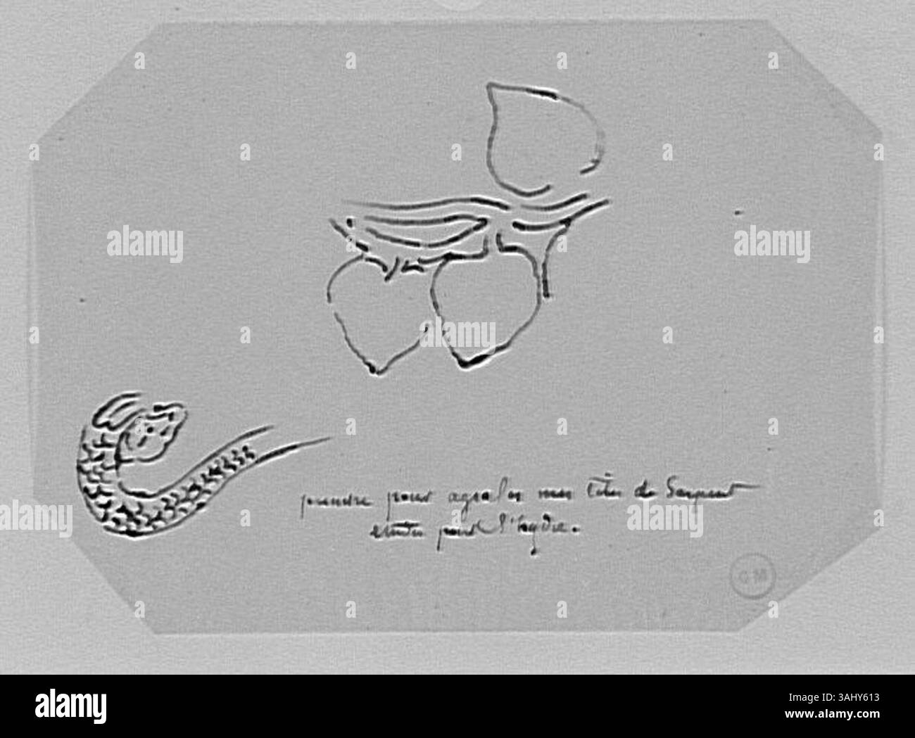 Gustave Moreas Studie über eine Schlange und einen dreiblättrigen Lotus, die zwischen 1850 und 1895 entstanden ist, unterstreicht den Fokus des Künstlers auf natürliche Formen. Die Schlange und der Lotus sind detailliert dargestellt, was die Expertise Moreaus in der botanischen und tierischen Darstellung demonstriert. Stockfoto