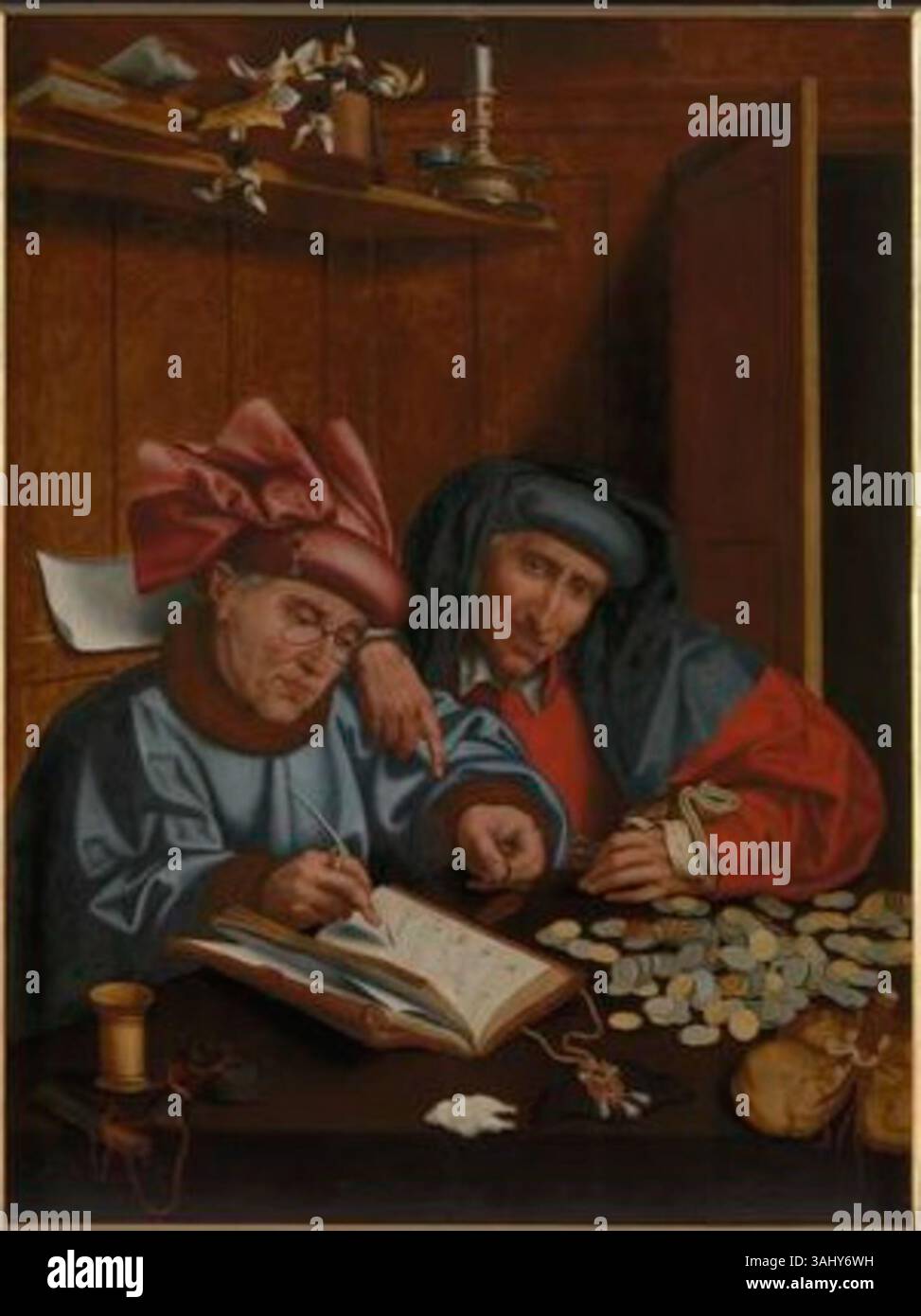 Dieses Gemälde aus den 1550er Jahren, das Marinus van Reymerswale oder einem Anhänger von Quentin Massys zugeschrieben wurde, zeigt zwei Steuereintreiber und zeigt den Genrestil, der in der Kunst der nördlichen Renaissance populär ist. Das Ölgemälde reflektiert moralische Themen der Gier und Habgier in detaillierter, satirischer Weise. Stockfoto