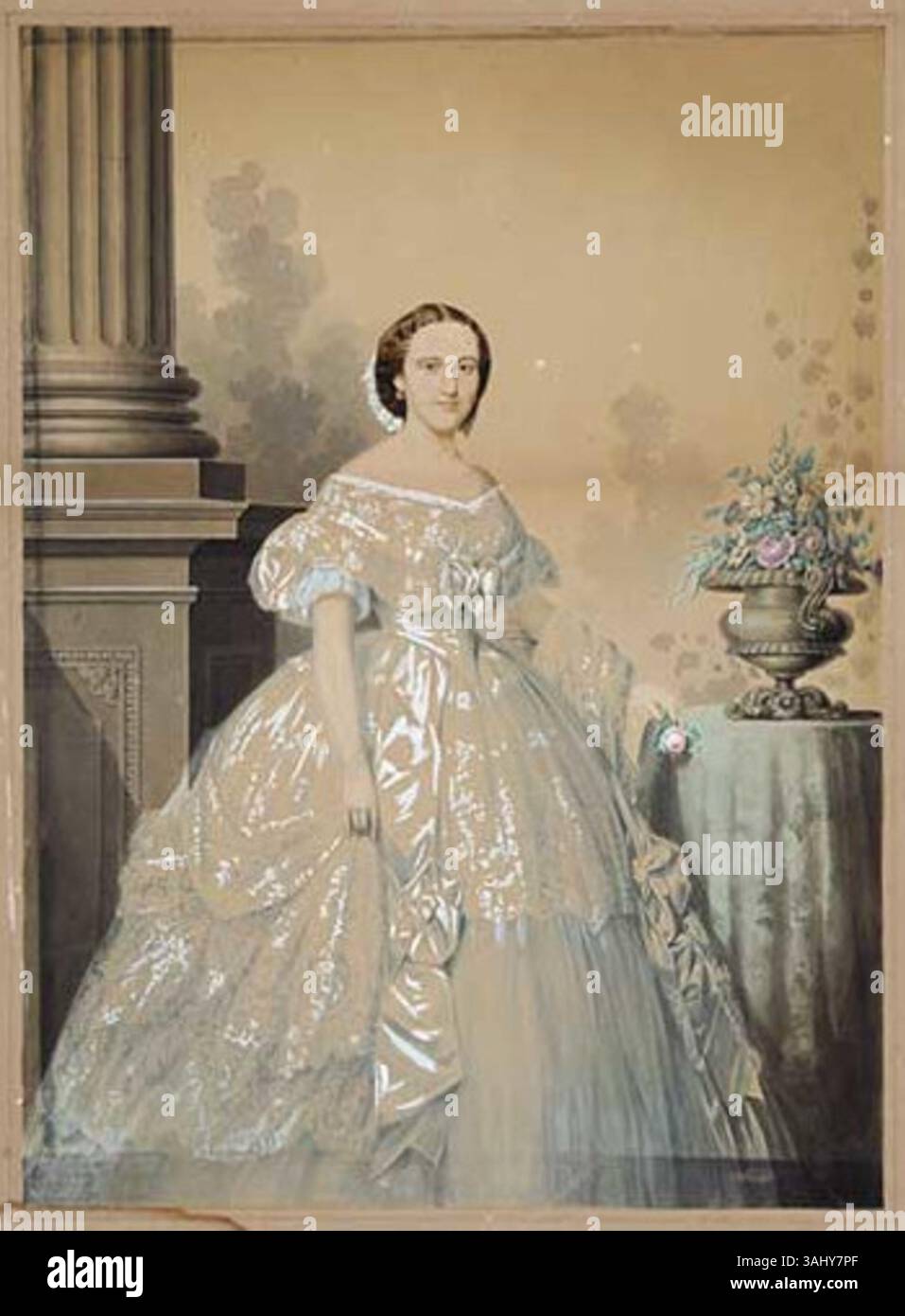 Aquarellporträt von Mary Elizabeth Parker Bouligny von Henry Ulke, erstellt 1860. Das Kunstwerk ist in einer privaten Sammlung untergebracht und unterstreicht Ulkes Geschick, das Bild seines Motivs mit detaillierten Strichen festzuhalten. Stockfoto