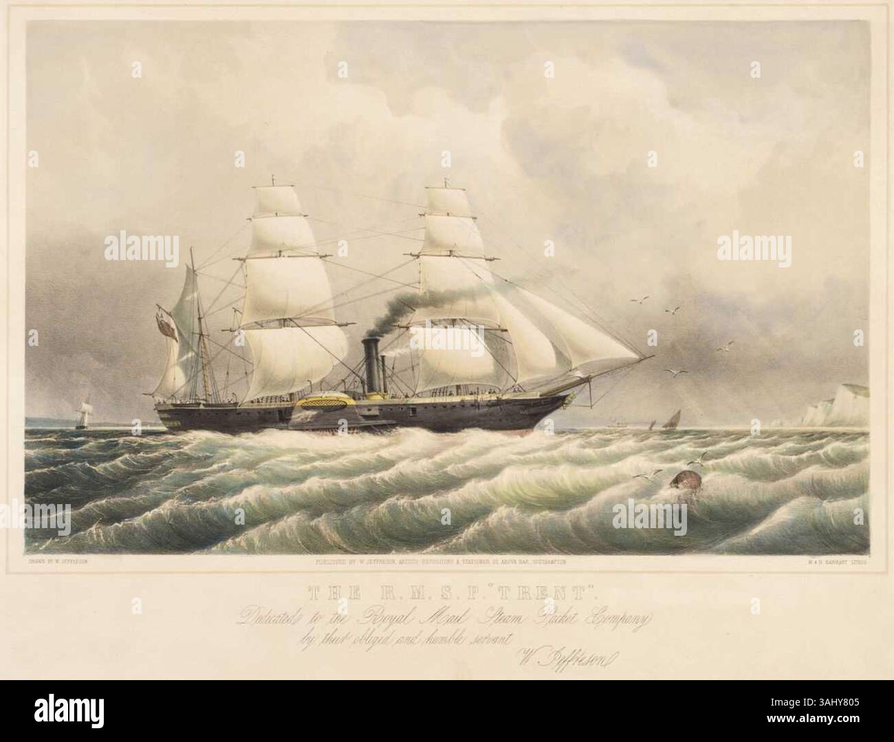 Der Lithografie des Schiffes 'Trent' der Royal Mail Steam Packet Company, der um 1860 von W. Jeffreson geschaffen wurde, ist ein handgefärbter Aquatint mit Gravur und Gravur. Es enthält eine Inschrift und eine Widmung für das Unternehmen, die vom Künstler unterzeichnet wurde. Das Stück ist eine historische Darstellung eines Dampfschiffs aus dem 19. Jahrhundert. Stockfoto