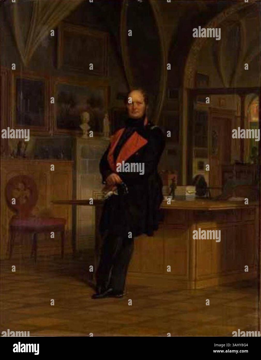 Dieses Gemälde von Franz Krüger aus dem Jahr 1846 zeigt König Friedrich Wilhelm IV. Von Preußen in seinem Studium. Das Porträt fängt den König in einem Moment der Reflexion ein und gibt Einblick in das intellektuelle und königliche Leben Preußens des 19. Jahrhunderts. Stockfoto