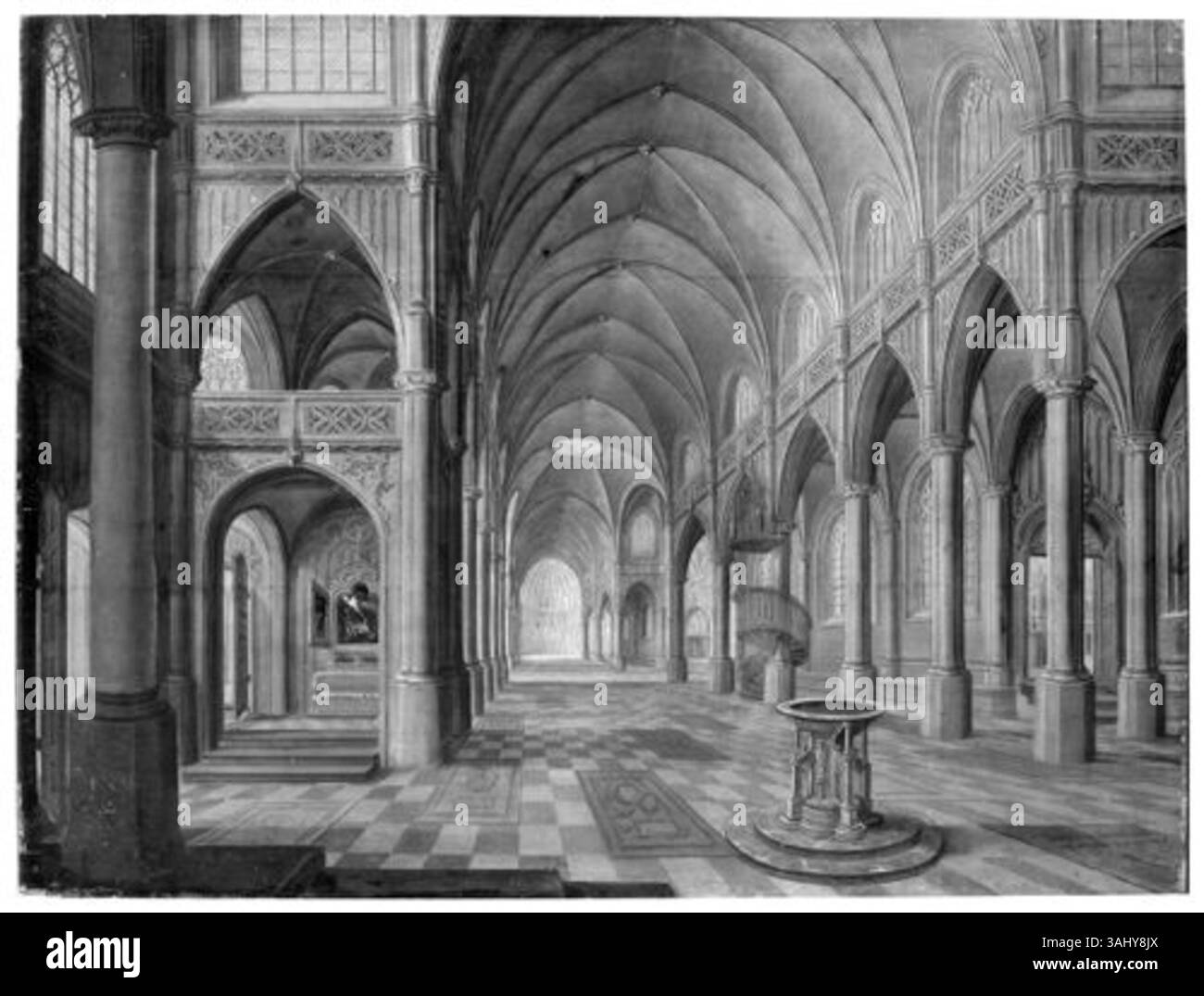 Hendrick Aerts’ „Kerkinterieur“ (Kircheninnenraum), gemalt zwischen 1590 und 1600, zeigt ein detailliertes Kircheninnere mit Figuren, die religiöse Praktiken praktizieren. Das Ölgemälde, das im Herzog Anton Ulrich Museum untergebracht ist, zeigt Aerts' Kunst des architektonischen Realismus. Stockfoto