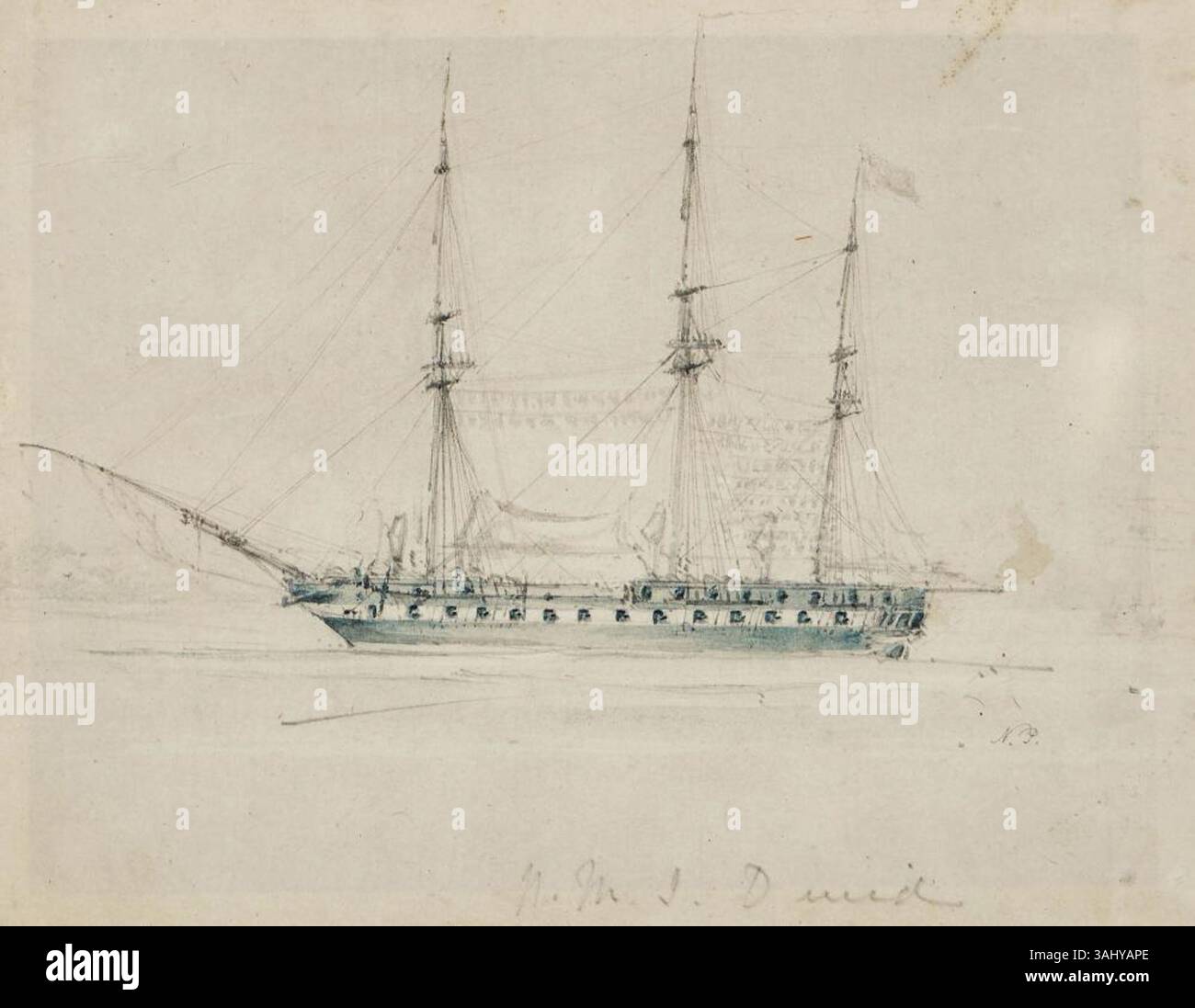 Aquarellskizze der HMS „Druid“ von Nicholas Pocock mit Bleistift- und Stiftdesign, die vor 1821 erstellt wurde. Stockfoto