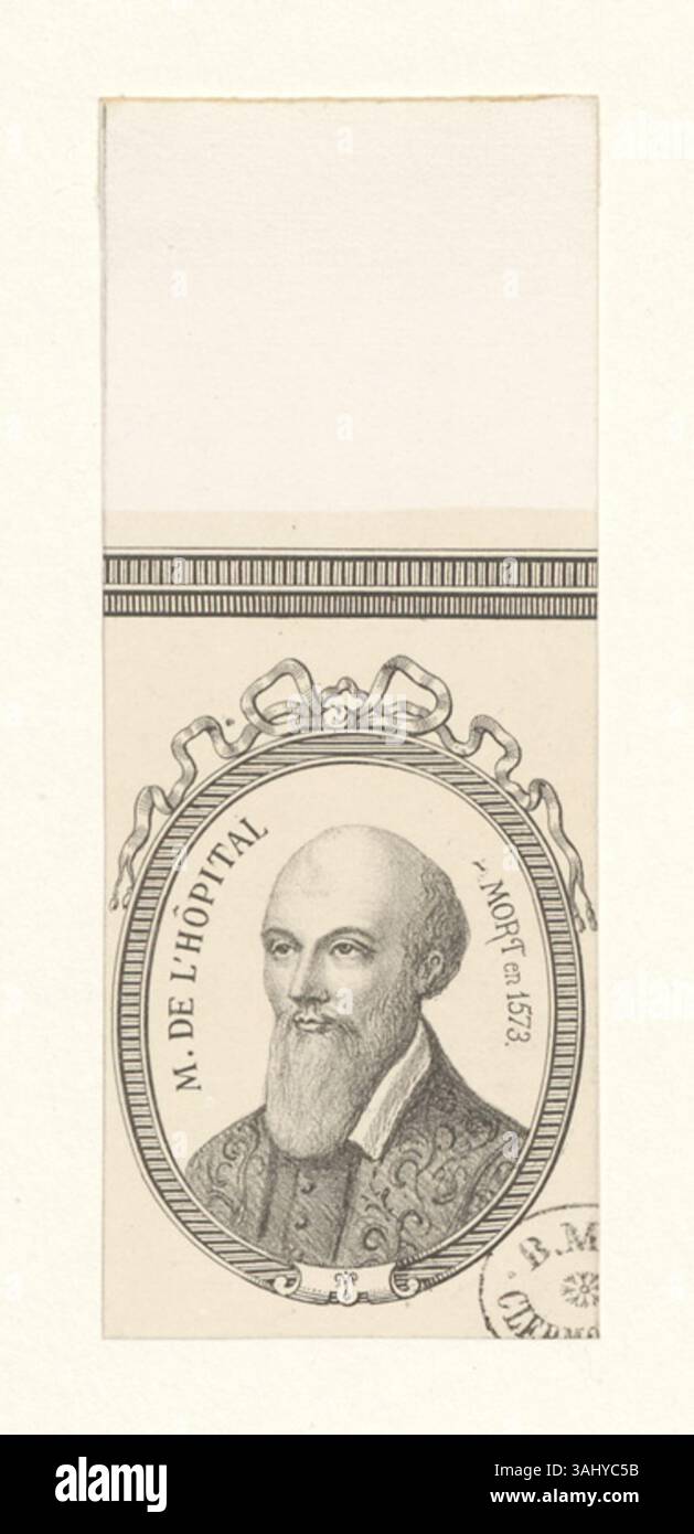 Diese Lithografie aus der Sammlung Boyer markiert den Tod von Michel de L’Hopital im Jahr 1573, einem entscheidenden Moment in der französischen Geschichte. Als Kanzler von Frankreich wird sein Einfluss auf die rechtlichen und politischen Reformen in diesem Druck festgehalten. Stockfoto