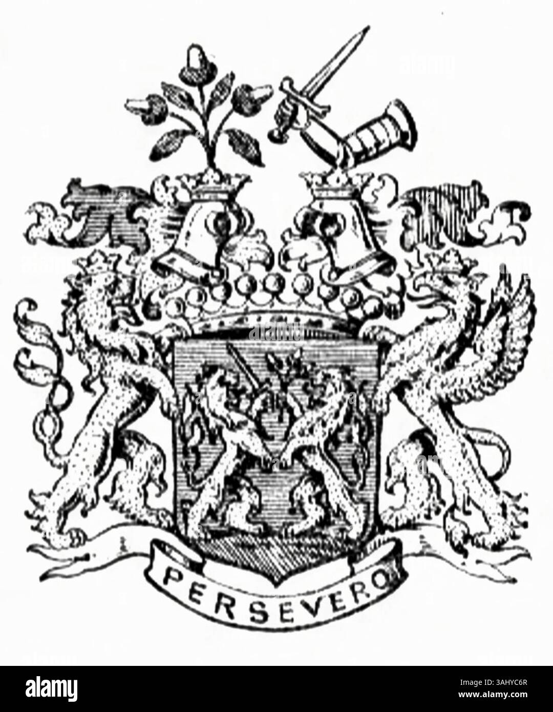 Das um 1871 entstandene Wappen der Familie Lonyay repräsentiert das edle Erbe der Familie Lonyay. Dieses Wappenemblem spiegelt traditionelle Designs der europäischen Aristokratie wider. Stockfoto