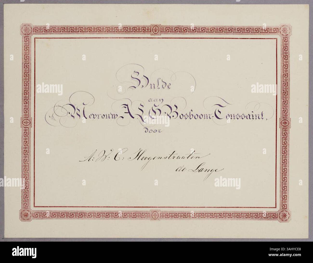 Das Album amicorum, das A.L.G. Bosboom-Toussaint gewidmet ist, enthält einen Beitrag von A.W.C. Hoogenstraaten - de lange. Es ist im Regionalarchiv Alkmaar untergebracht und stellt einen wichtigen Teil der regionalen akademischen und künstlerischen Geschichte dar. Stockfoto