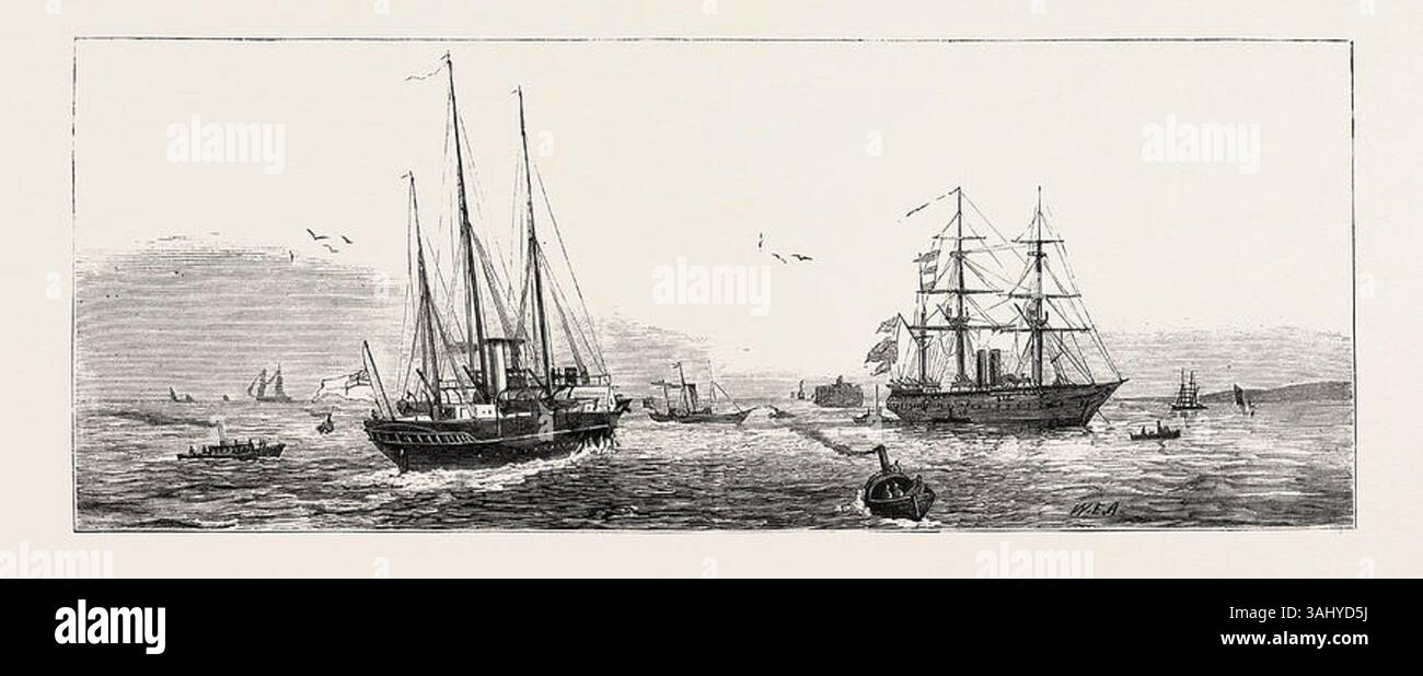 Die Abbildung zeigt die Enchantress, die während der Beerdigung von Prinz Louis Napoleon den Hafen von Portsmouth in England verlässt. Diese Szene wurde am 19. Juli 1879 in der Zeitschrift Graphic veröffentlicht, die den historischen Moment festgehalten hat. Stockfoto