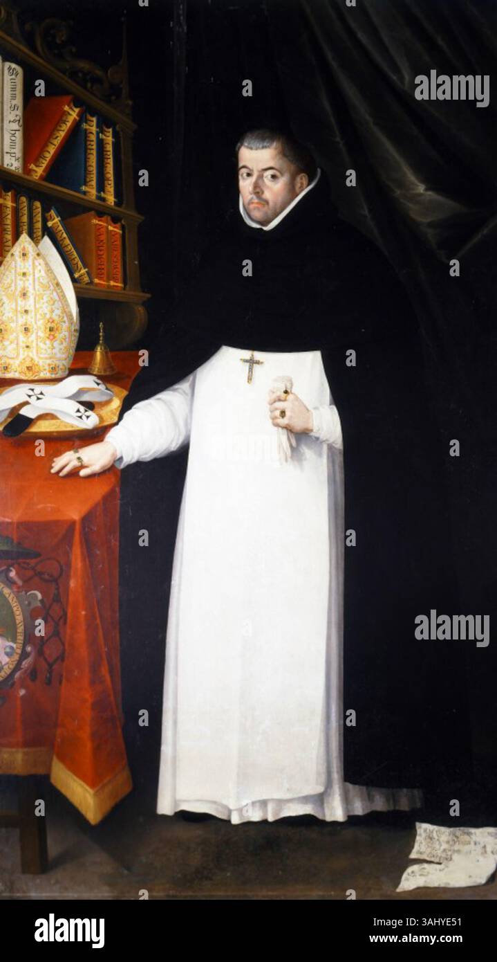 Fray García Guerra, gemalt 1609 von Alonso López de Herrera, zeigt einen Dominikanerbruder aus der spanischen Kolonialzeit. Das Gemälde, das im Museo Nacional del Virreinato untergebracht ist, fängt die religiöse Figur in einer formalen, frommen Haltung ein und unterstreicht den Status des Themas innerhalb der Kirche und seinen Einfluss auf die spanische Kolonialgesellschaft. Stockfoto