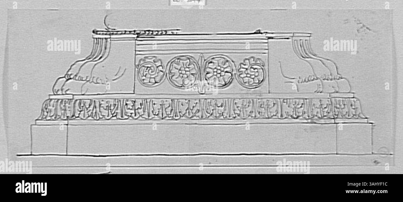 „Etude de Base“ (Studie der Basis) von Gustave Moreau, geschaffen zwischen 1850 und 1895, zeigt eine Löwenpfote als Teil einer größeren Vorarbeit. Die Studie, die Teil der Sammlung Musée Gustave Moreau ist, spiegelt Moreaus Interesse an der Tierdarstellung und detaillierten Naturstudien wider. Stockfoto