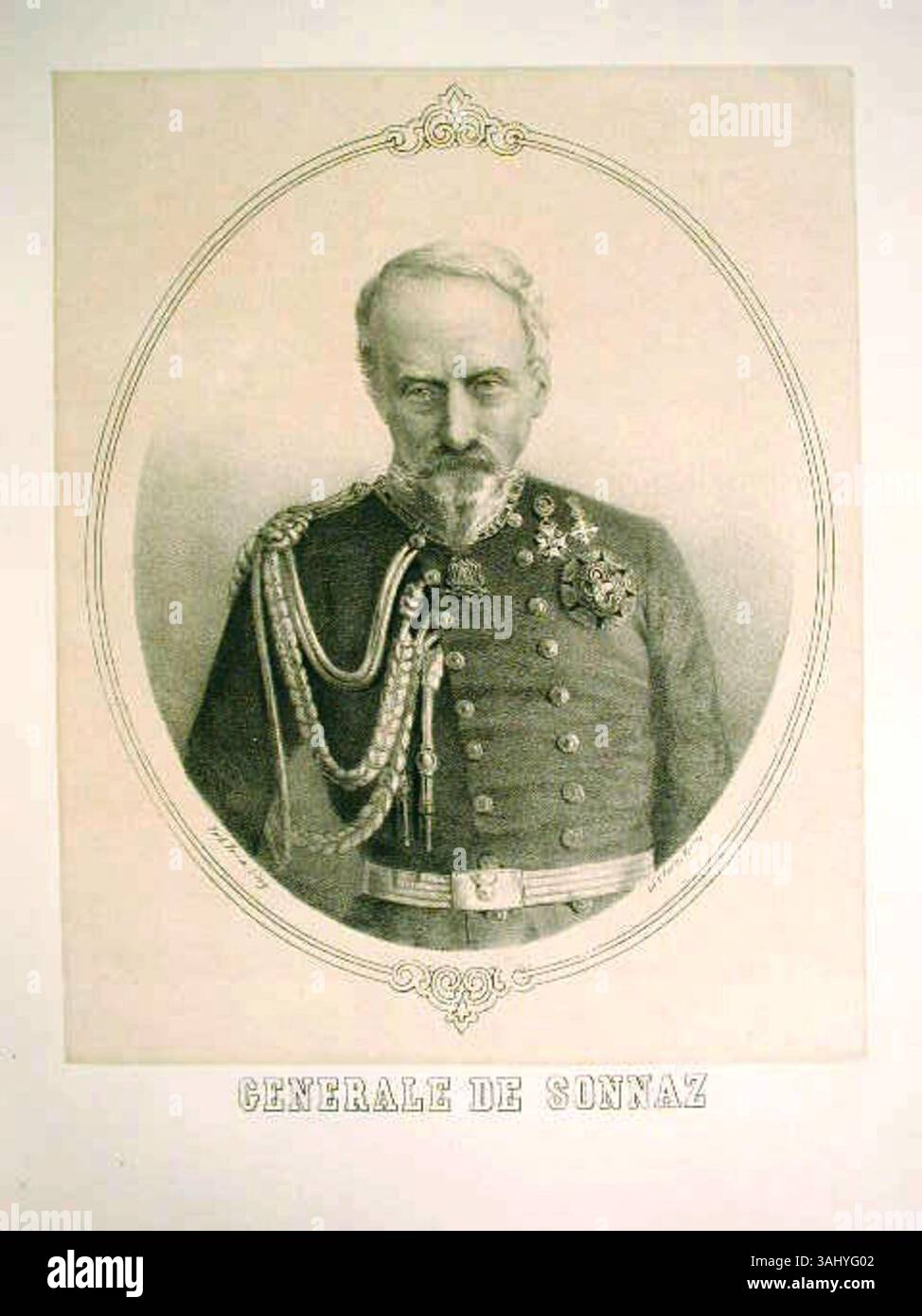 Lithografie von General Ettore Gerbaix de Sonnaz (1787–1867), einem prominenten sardischen Armeekommandanten während der italienischen Unabhängigkeitskriege. Das Porträt wurde 1860 veröffentlicht und unterstreicht seine militärische Bedeutung, nachdem er als Kommandeur des 2. Armeekorps und der Kavallerie-Division gedient hatte. Später wurde er Senator und Kriegsminister in Italien. Stockfoto