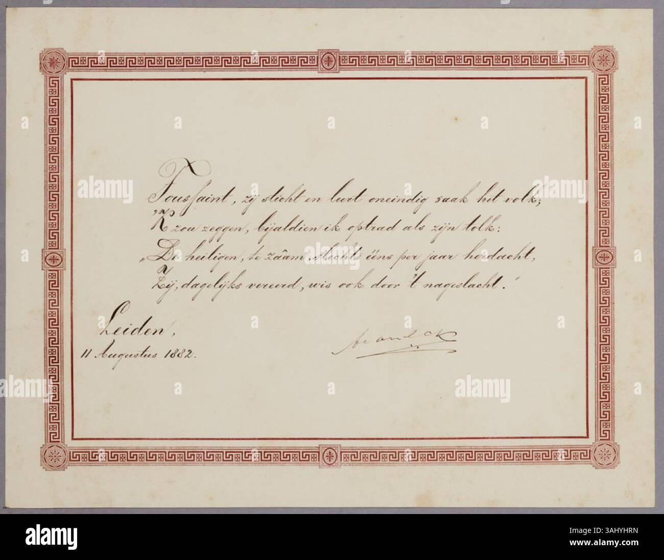 Das Album amicorum, das A.L.G. Bosboom-Toussaint präsentiert wurde, enthält einen Beitrag von A. van Eck. Dieses künstlerische Werk ist Teil des Regionalarchivs in Alkmaar und zeigt eine historische und künstlerische Zusammenarbeit. Stockfoto