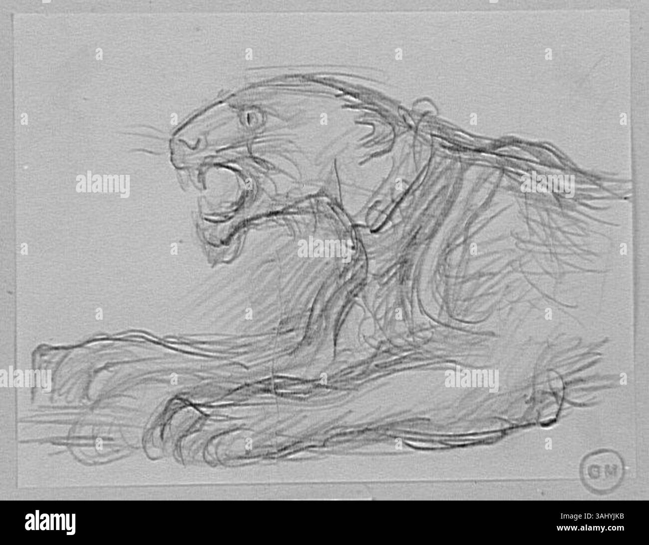 Diese Studie von Gustave Moreau stellt einen brüllenden Löwen dar, der seine Fähigkeiten in der Darstellung mächtiger Tierformen unterstreicht. Das Stück spiegelt Moreaus Interesse an der Natur und seine Fähigkeit wider, intensive Emotionen in Tierdarstellungen einzufangen. Stockfoto