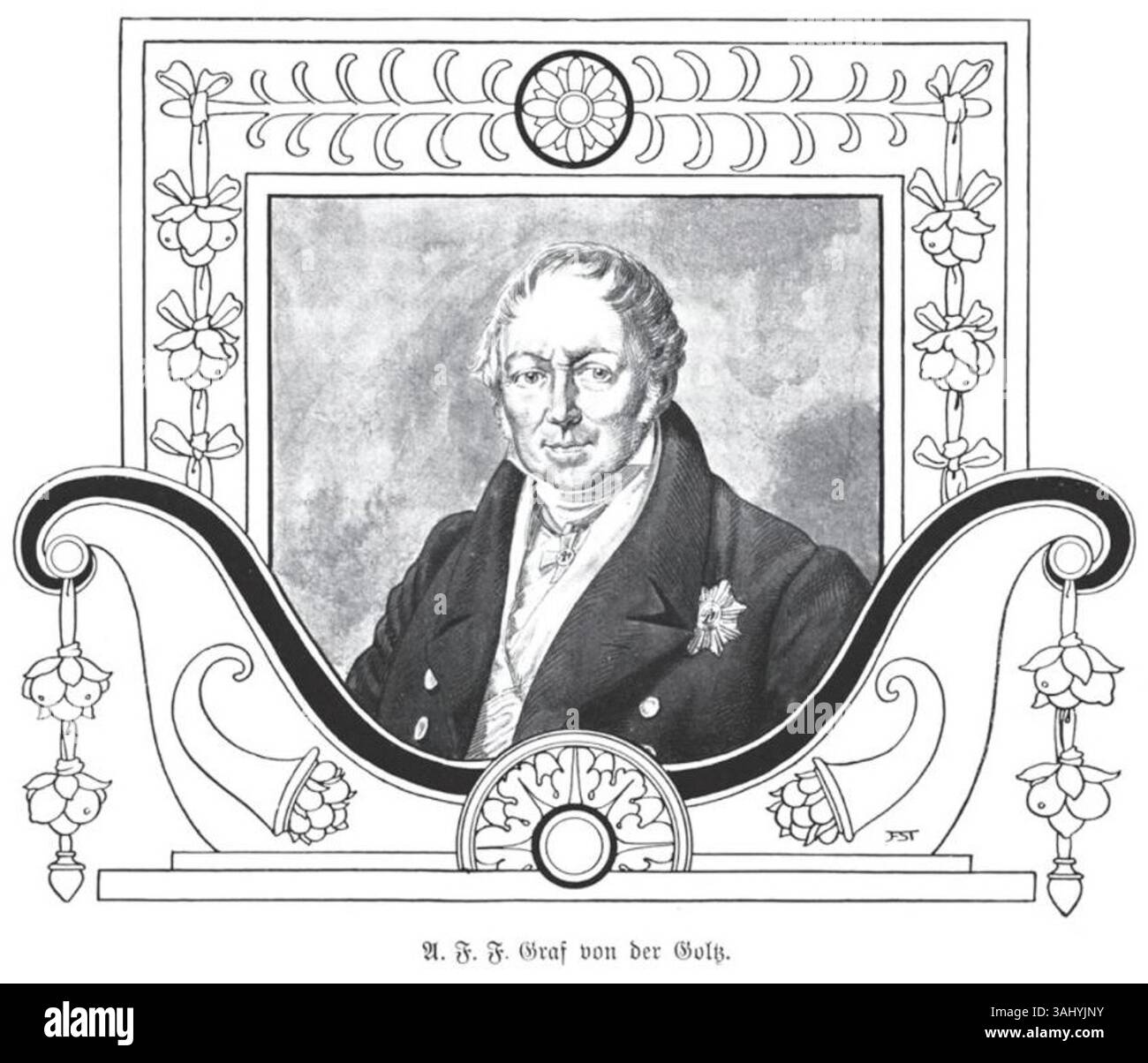 Franz Stassens Porträt des preußischen Adligen August Friedrich Ferdinand Graf von der Goltz aus dem Jahr 1901 fängt die Adelsfigur in formaler Kleidung ein. Das Ölgemälde spiegelt Stassens Talent in Porträts und historischer Kunst wider. Stockfoto