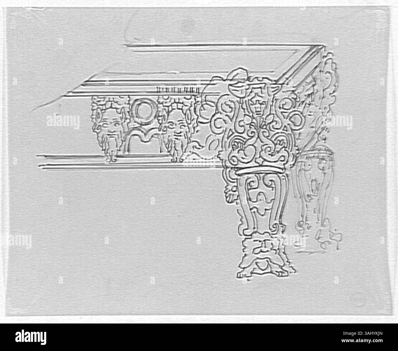 Studie eines Möbelstücks auf der Grundlage der Art pour tous, die von Gustave Moreau zwischen 1850 und 1895 geschaffen wurde. Das Kunstwerk konzentriert sich auf detailliertes Möbeldesign und ornamentale Elemente. Stockfoto
