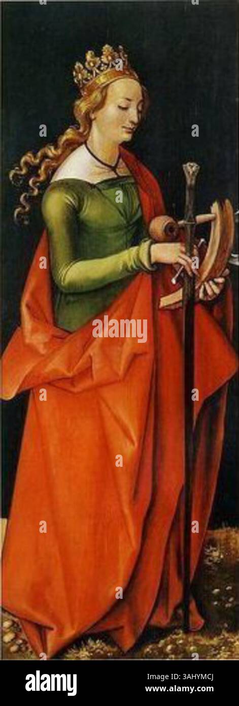 Hans Baldung Griens Gemälde der Heiligen Katharina von Alexandria aus dem Jahr 1504 zeigt die heilige in religiöser Ikonographie neben den Heiligen Johannes und Martin auf einer Tannenplatte. Stockfoto