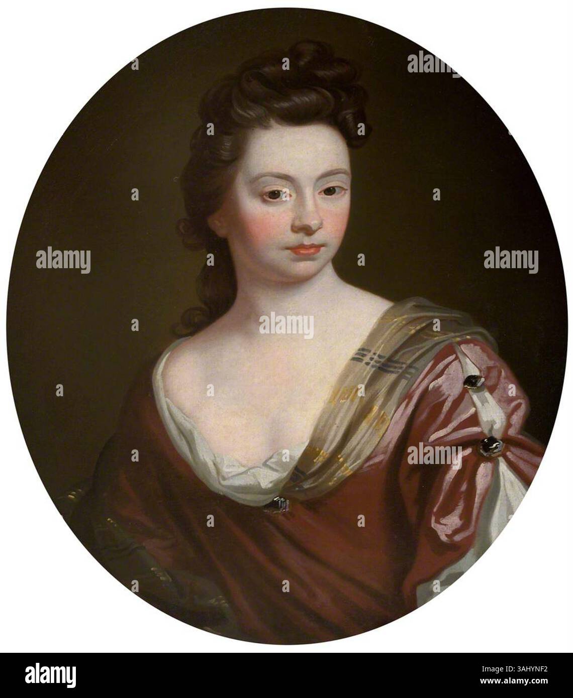 John James Bakers Porträt von Frances Parker, gemalt um 1691, fängt Lady Pakington in raffinierter Kleidung ein. Das Gemälde ist Teil der Sammlung des National Trust und veranschaulicht das britische Porträt des 17. Jahrhunderts. Stockfoto