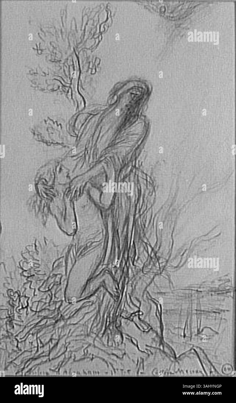 „Opfer Abraham“ von Gustave Moreau, geschaffen zwischen 1850 und 1895, beschreibt die biblische Geschichte von Abrahams Bereitschaft, seinen Sohn zu opfern. Das Werk befindet sich im Musée Gustave Moreau und ist eine Untersuchung religiöser Themen. Stockfoto