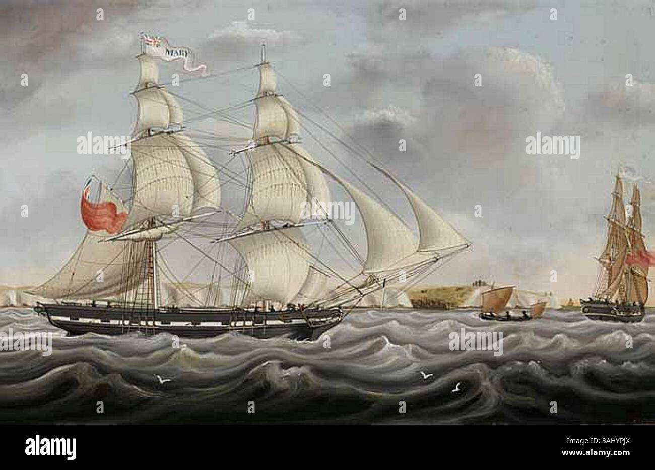 Miles Walters' Gemälde "The Ship Mary" aus dem Jahr 1828 zeigt das Schiff vor Dover. Es zeigt den britischen Schnee mit detaillierten Darstellungen der Segelanordnung des Schiffes, einschließlich des fliegenden Jib und Dover Castle im Hintergrund, die das maritime Leben im England des 19. Jahrhunderts veranschaulichen. Stockfoto