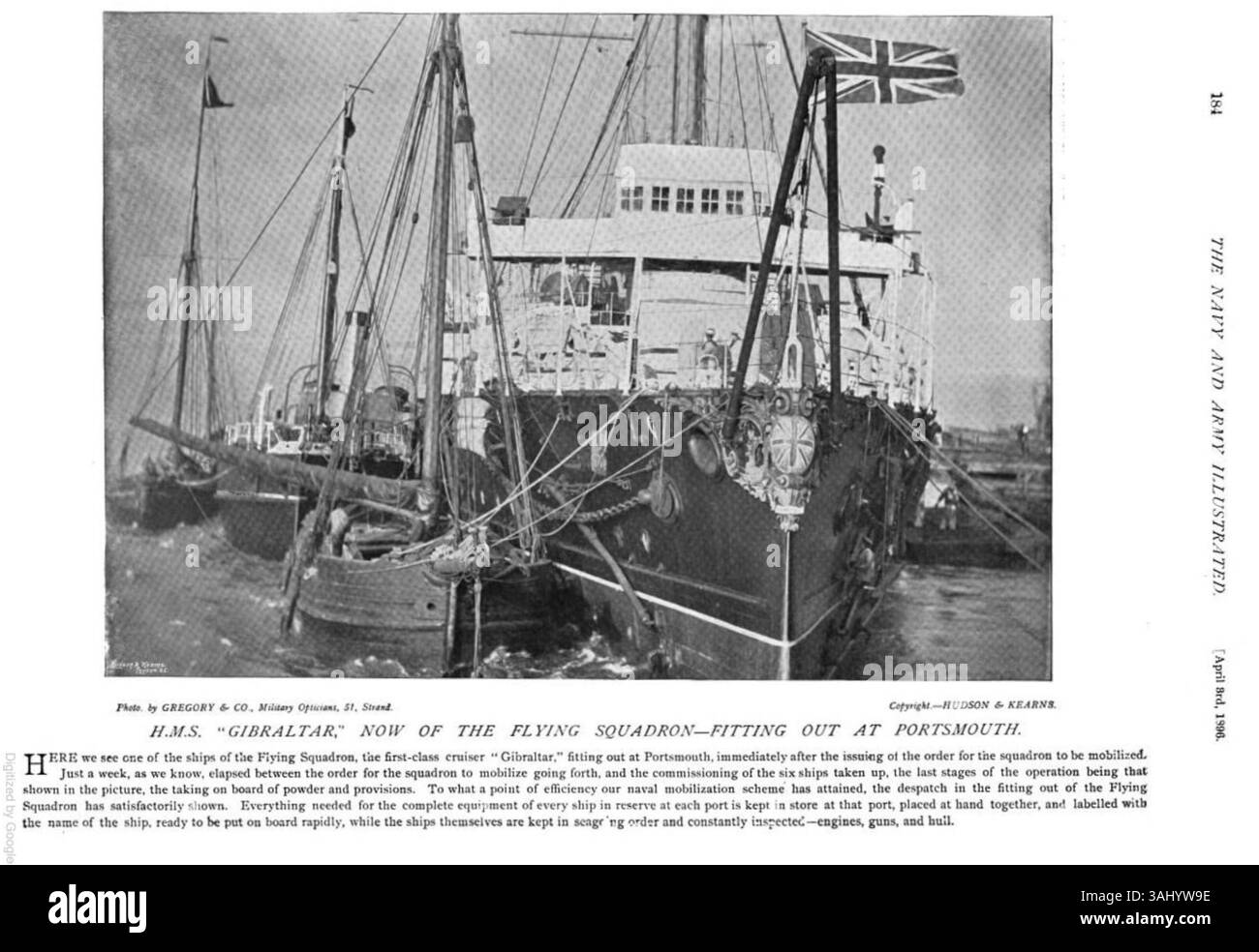 Diese 1896 abgebildete Illustration aus „The Navy and Army Illustrated“ zeigt H.M.S. Gibraltar, ein britisches Kriegsschiff der Flying Squadron, das in Portsmouth vorbereitet wird. Die detaillierte Darstellung spiegelt die damaligen Marinepraktiken wider. Stockfoto