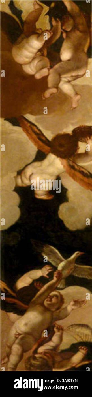 Dieses mythologische Gemälde, das der Schule von Paolo Veronese zugeschrieben wird, zeigt fünf Cupiden mit Symbolen für Luft und Wasser. Er wurde um 1600 bemalt und gehört zur Sammlung des National Trust. Stockfoto