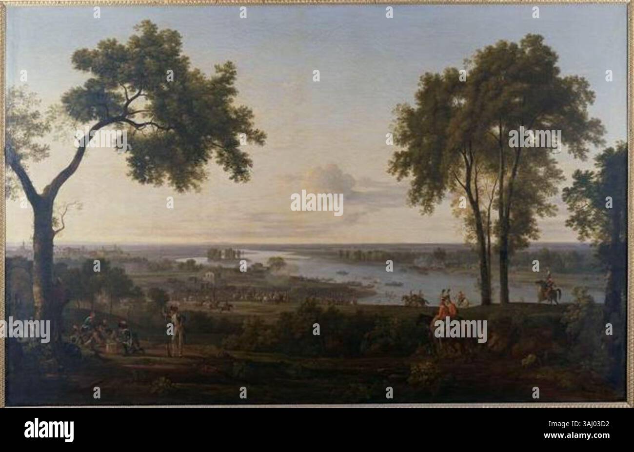 „Passage du Pô par l’armée francaise“ (1813) von Nicolas-Didier Boguet zeigt ein bedeutendes militärisches Ereignis – die Überquerung des Flusses Po durch die französische Armee während des italienischen Feldzugs von 1796. Das Ölgemälde fängt das Drama des Augenblicks ein. Stockfoto