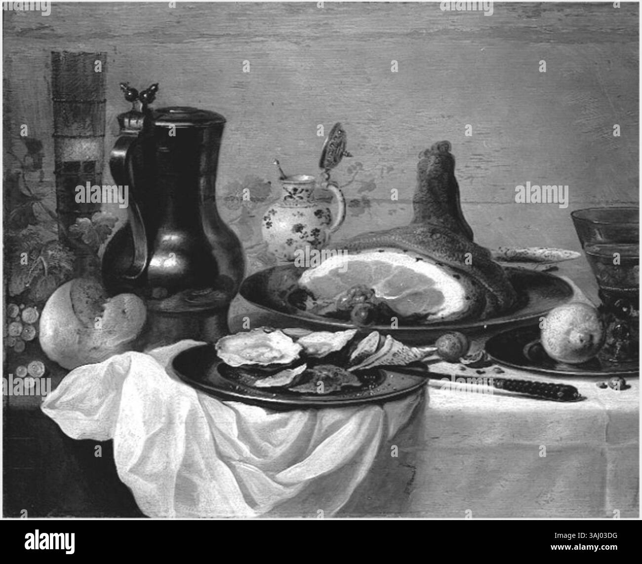 Pieter Claesz's „Ein Frühstücksstück“ zeigt ein raffiniertes Stillleben und zeigt ein üppiges Frühstücksangebot mit Speisen wie Brot, Käse und Wein, das die niederländische Kultur des 17. Jahrhunderts widerspiegelt. Stockfoto