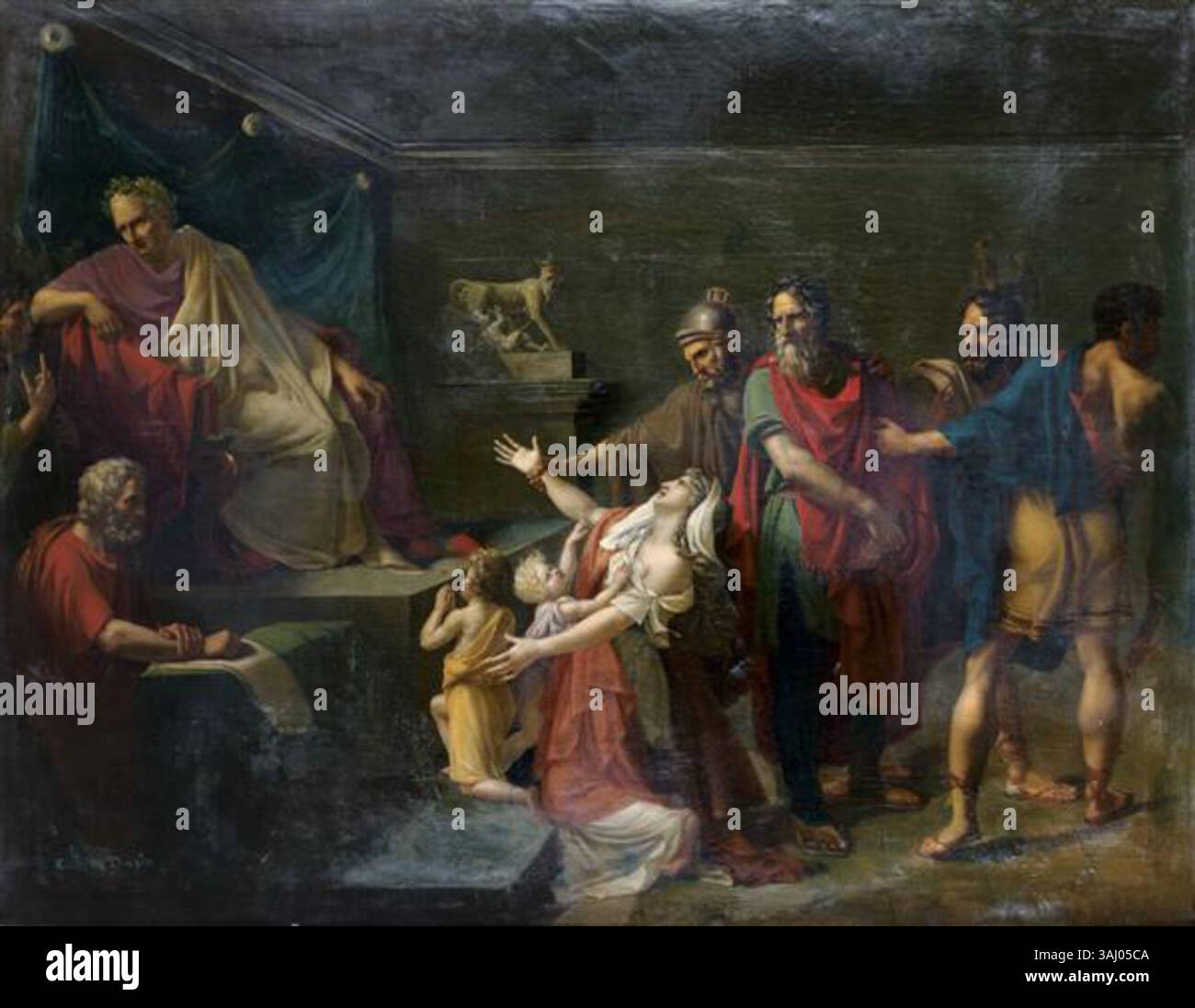 Ein Gemälde von Francois Mulard aus dem Jahr 1802, das eine Szene mit Eponine und Sabinus vor Vespasian darstellt. Das Kunstwerk spiegelt die historische Erzählung und den klassischen Einfluss des frühen 19. Jahrhunderts wider. Stockfoto