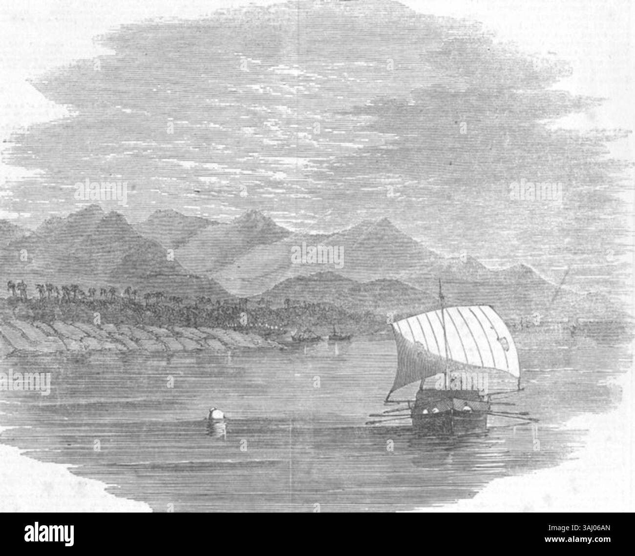 Dieser Druck der *Illustrated London News* (1855) zeigt die Rajmahal Hills in der Santhal-Region von Bengalen, vom Ganges aus gesehen. Der Holzstich bietet einen historischen Blick auf die Landschaft, mit besonderem Schwerpunkt auf die indische Santhal-Stammesregion während der britischen Kolonialherrschaft. Stockfoto
