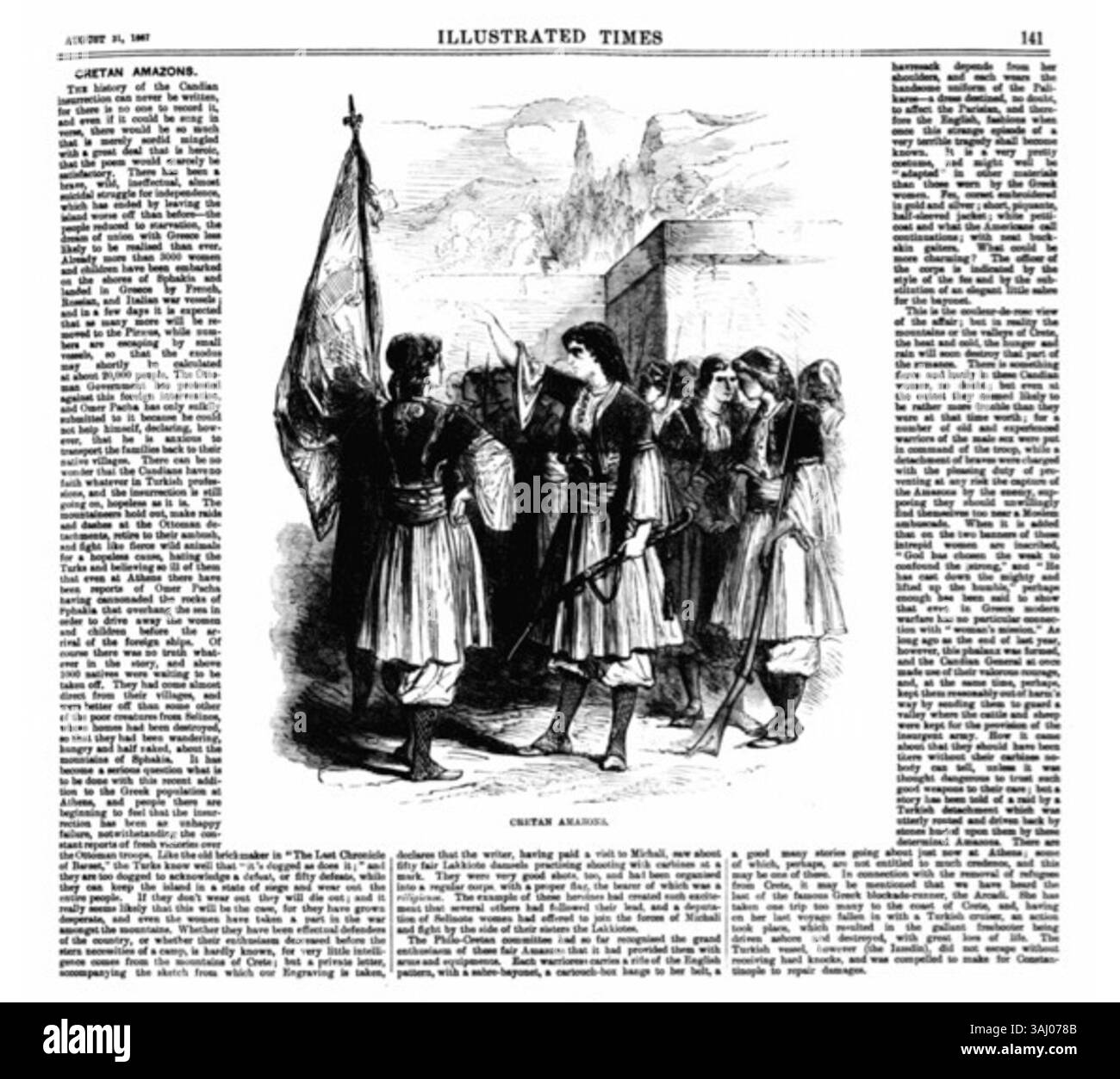 Illustration aus der illustrierten Zeit vom 31. August 1867 mit kretischen Amazonen, Kriegerfrauen von der Insel Kreta, bekannt für ihre militärische Stärke und erbitterte Unabhängigkeit in der antiken griechischen Kultur. Stockfoto