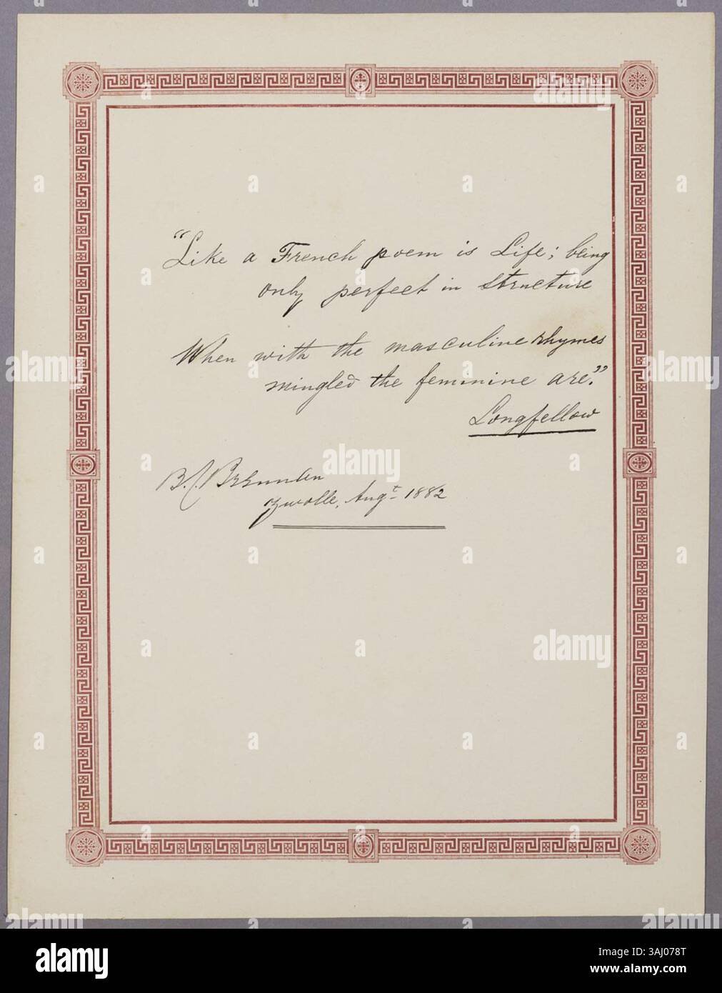 Das Album amicorum, das A.L.G. Bosboom-Toussaint verliehen wurde, enthält einen Beitrag von B.C. Brennard. Sie ist im Regionalarchiv Alkmaar erhalten und spiegelt regionale akademische und künstlerische Beiträge wider. Stockfoto