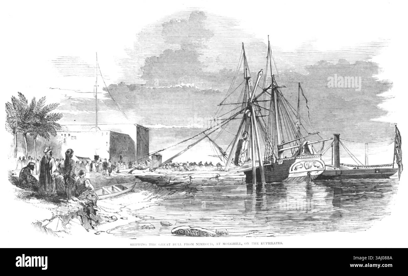 Diese 1850 in den Illustrated London News veröffentlichte Illustration zeigt die Schifffahrt der Großbulle von Nimroud auf dem Euphratgebiet, Teil einer bedeutenden archäologischen Entdeckung von Sir Austen Henry Layard. Stockfoto