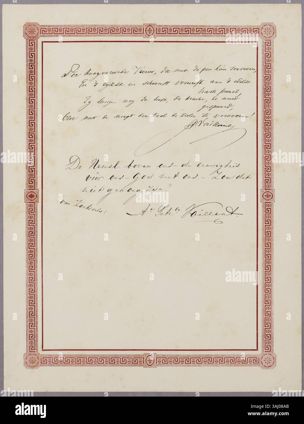 Das Album amicorum, das A.L.G. Bosboom-Toussaint erhielt, enthält Beiträge von J.P. Vaillant und A.P. Vaillant. Sie ist im Regionalarchiv Alkmaar erhalten und zeigt historische und wissenschaftliche Beiträge. Stockfoto