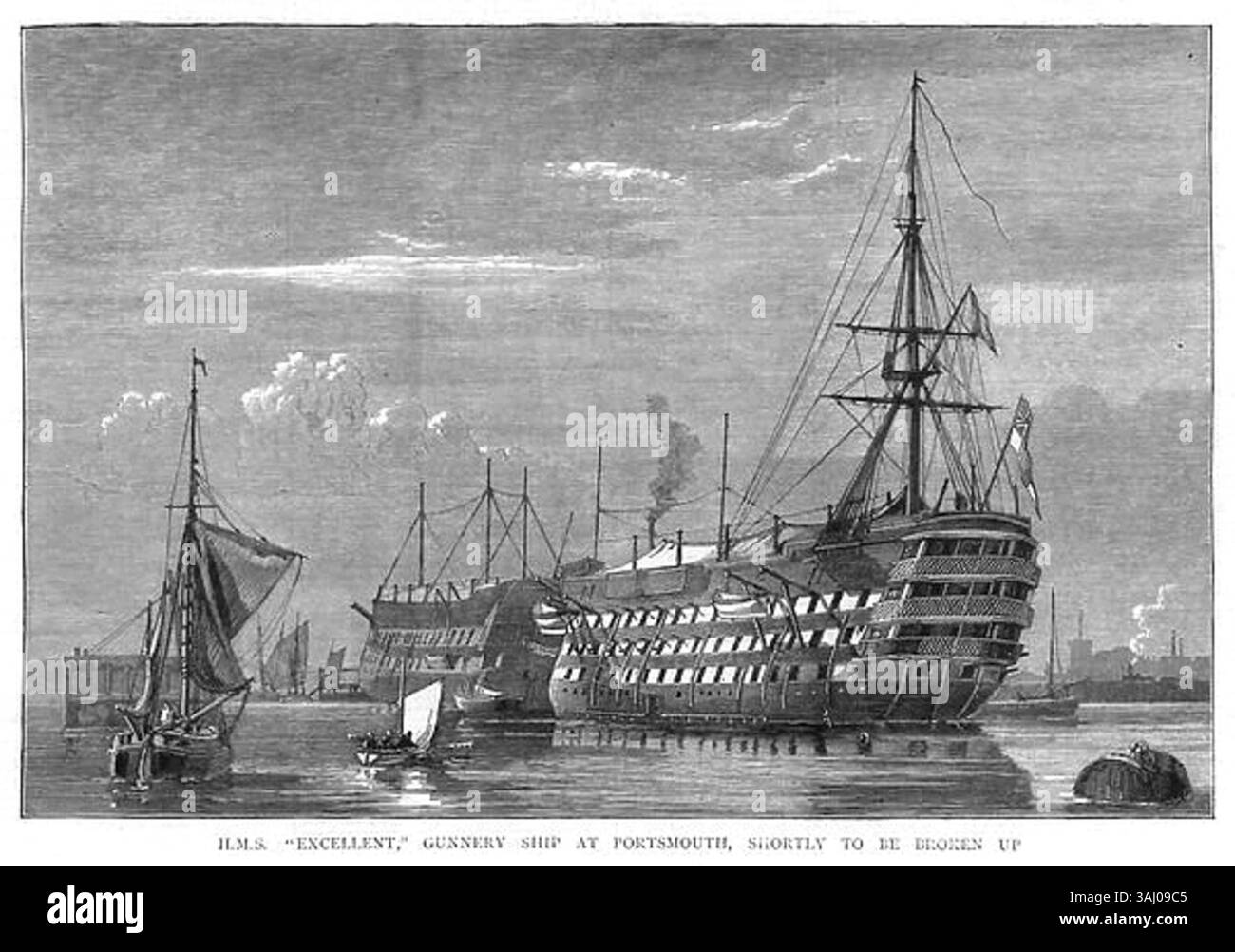 Diese Abbildung aus der Grafik vom 3. Mai 1873 zeigt die HMS Excellent, ein Schießschiff in Portsmouth, das bald außer Dienst gestellt wird. Das Schiff spielte eine wichtige Rolle in der Ausbildung der Royal Navy vor seiner Aussetzung. Die Illustration zeigt die letzten Momente des Schiffes und weist auf seine historische Bedeutung in der Geschichte der Marine hin. Stockfoto