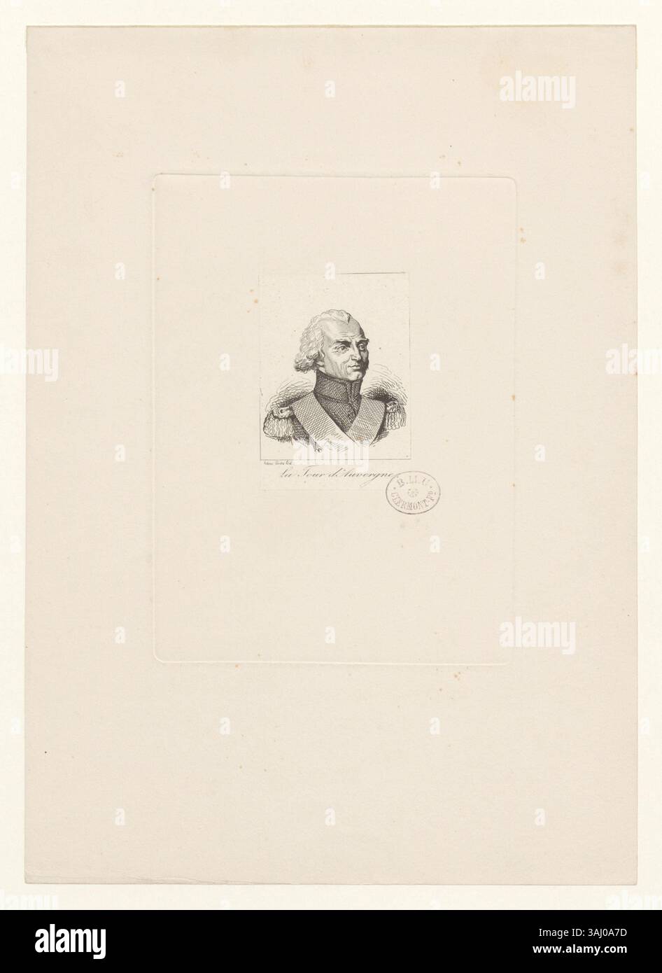 La Tour d'Auvergne ist in diesem Tiefdruck von Théo Corret festgehalten und zeigt die Rolle des Soldaten in der französischen Militärgeschichte. Als prominente Persönlichkeit der Französischen Revolution repräsentiert er den Geist der Epoche. Stockfoto