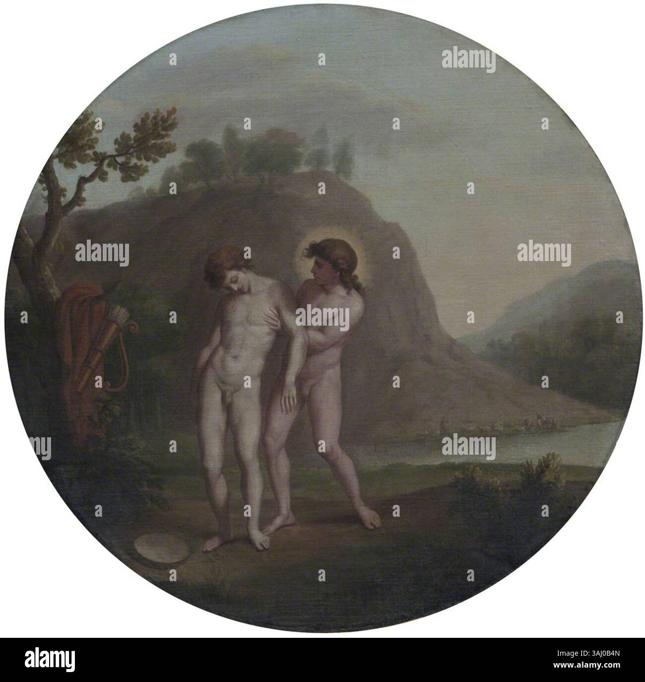 Dieses Ölgemälde von William Hamilton (1751–1801) zeigt die mythologischen Figuren Apollo und Hyacinthus. Das zwischen 1768 und 1771 entstandene Gemälde ist eine Reproduktion nach dem Werk von Domenichino, das den Mythos von Apollos tragischer Liebe zu Hyacinthus zeigt. Stockfoto